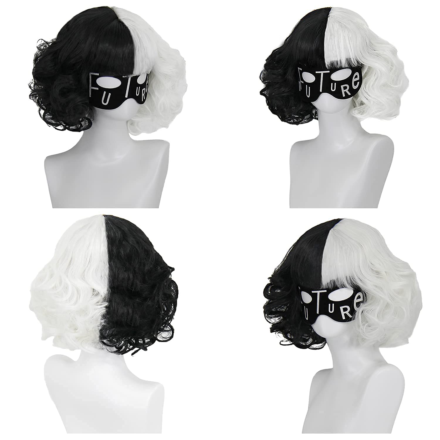 Cruella De Vil Costume Wig Set for Women - Short Black & White Cosplay Wig with Gloves, Wig Cap, Mask, Holder & Necklace | Perfect for Halloween, Carnival, Cosplay Parties & Fancy Dress Costumes