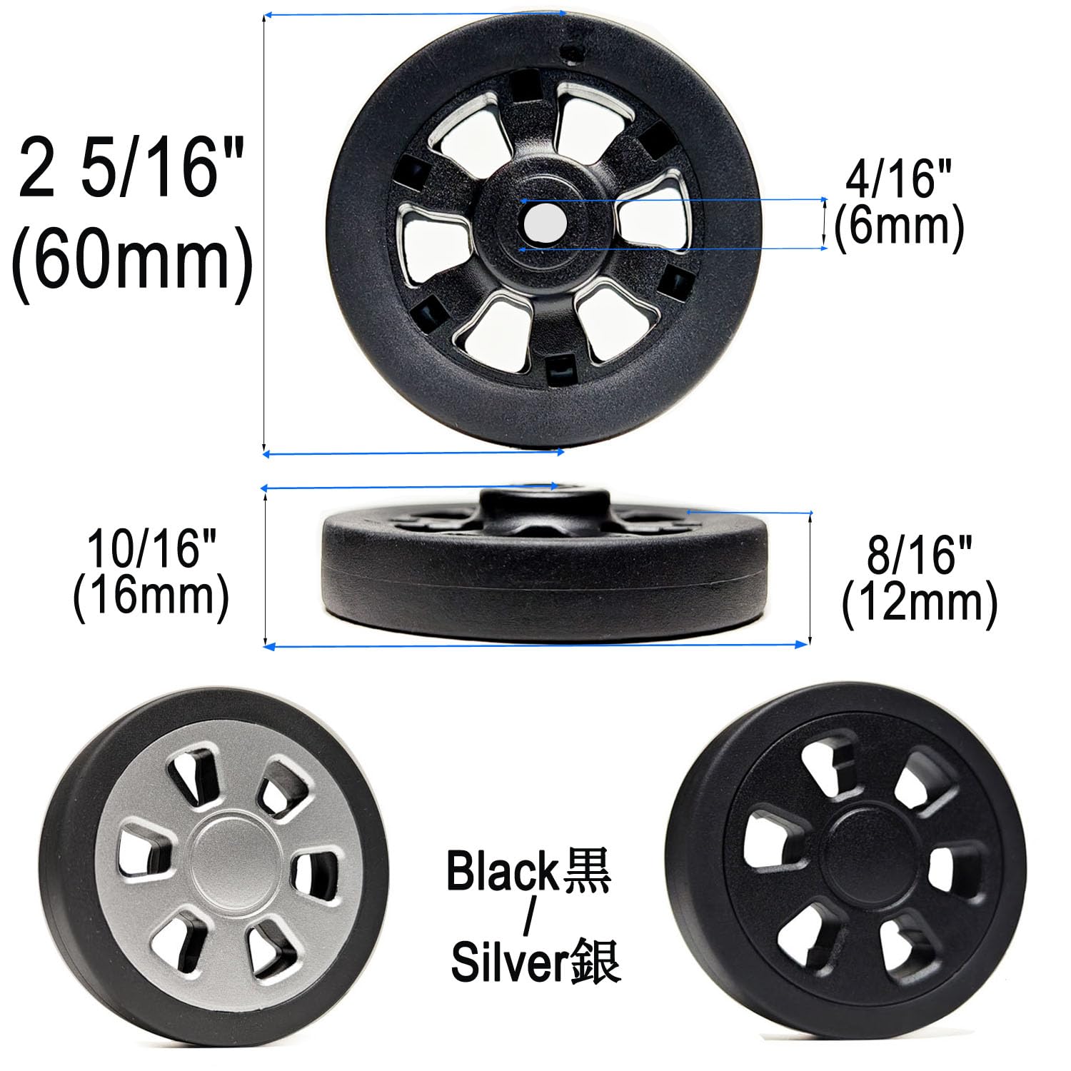 4PC Suitcase Replacement Spinner Wheels - 60mm Rubber Luggage Wheels with 2 Size Axles, Quiet & Smooth Rolling for Damaged Luggage Repair - Perfect for Travel, Business Trips and Airport Use