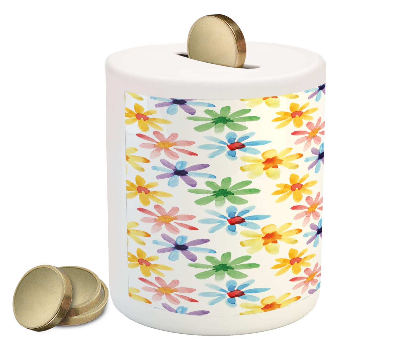 Ambesonne Floral Piggy Bank - Hand-Painted Ceramic Coin Bank with Colorful Spring Garden Flowers Design for Cash Saving | Money Box Gift for Kids, Home Decor, Office Savings Jar