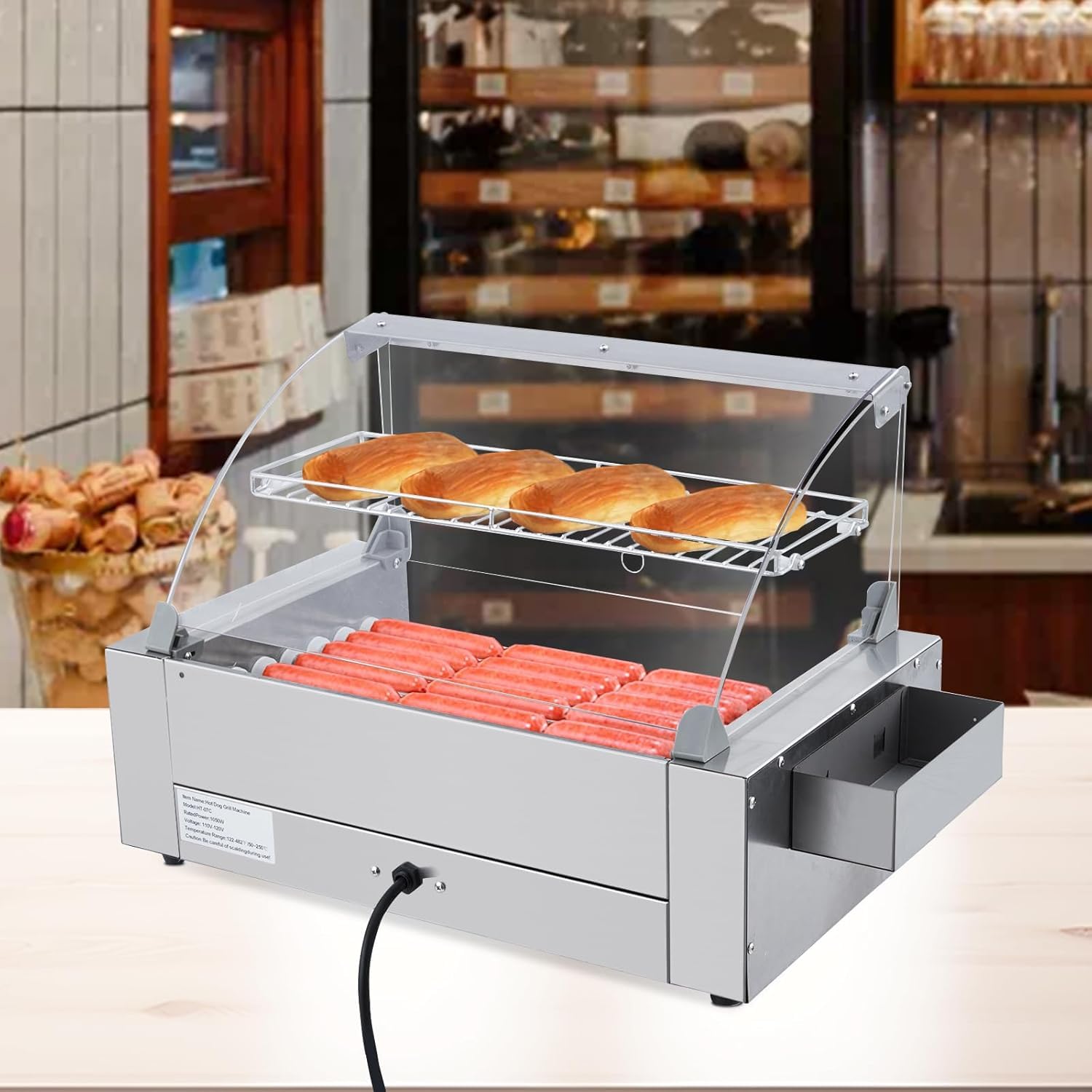 Commercial Hot Dog Roller Machine - 12 Hot Dogs Capacity, 5 Rollers with Dual Temperature Control, LED Light & Removable Stainless Steel Drip Tray - Perfect for Restaurants, Food Trucks, Parties, and Outdoor Events