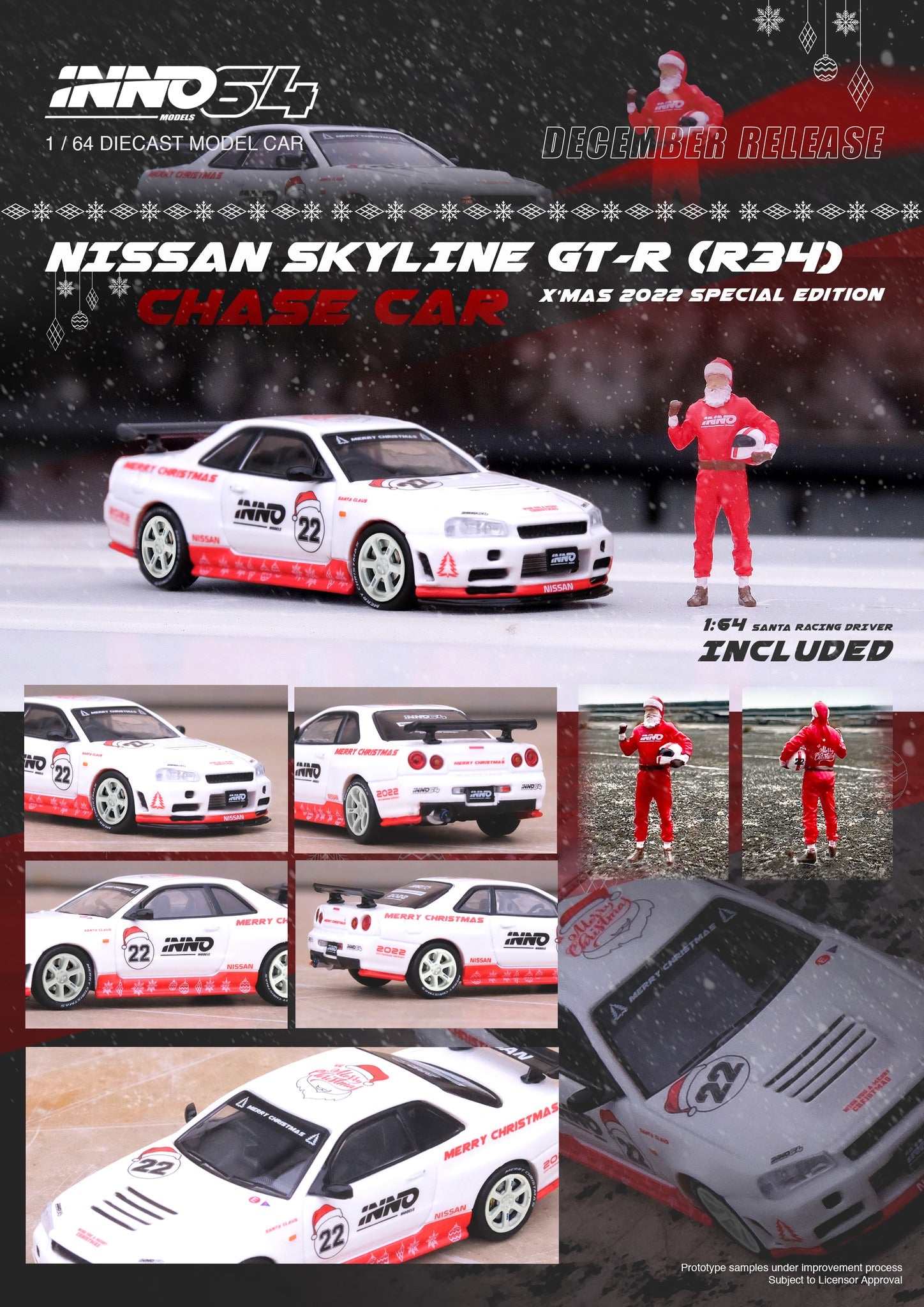 INNO64 1:64 Scale Nissan Skyline GT-R R34 R Tune 2022 Christmas Special Edition - Collectible Diecast Model Car for Display, Gifts & Racing Enthusiasts