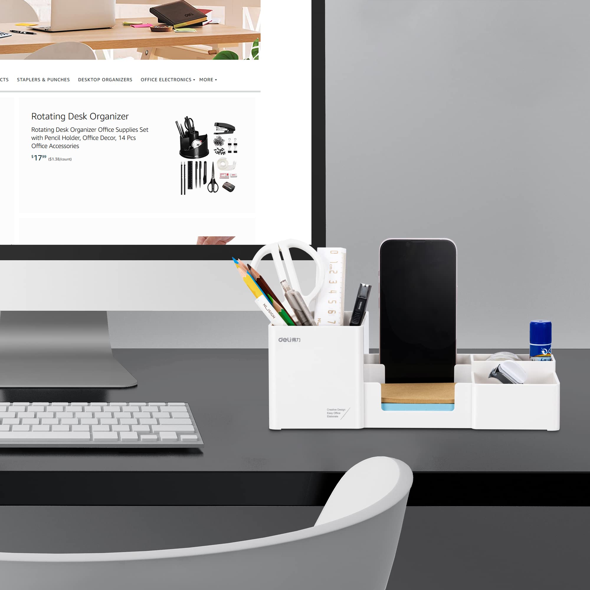Deli White Plastic Desk Organizer with 6 Compartments - Pencil Holder & Sticky Note Tray for Office Supplies | Perfect for Home Office, School Desk, and Workspace Organization