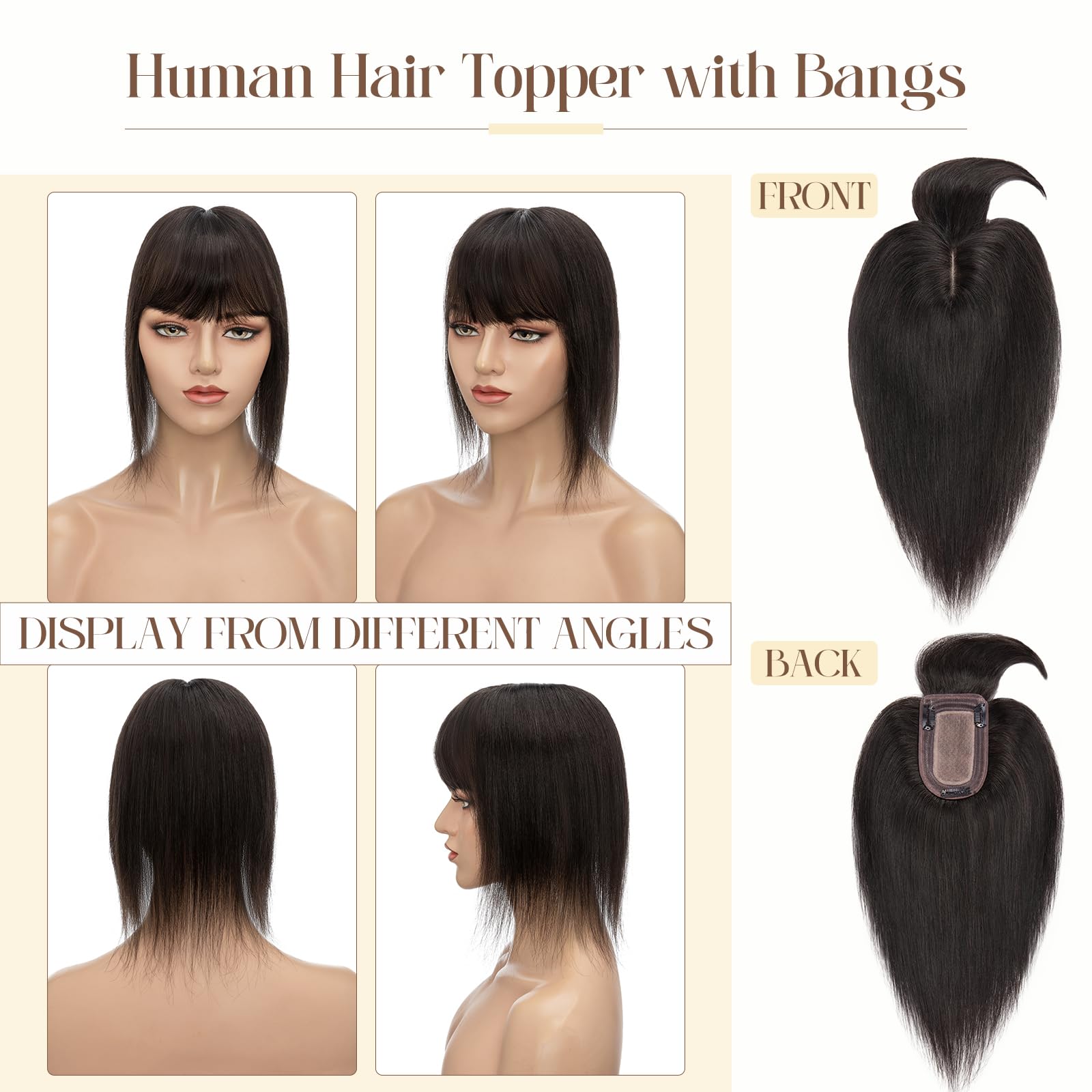 100% Real Human Hair Toppers for Women - Clip-In Hair Topper with Bangs, Handmade Middle Part Top Hair Piece for Thinning Hair, #1B Natural Black, 16 Inch, 48g - Perfect for Daily Wear, Parties & Special Occasions