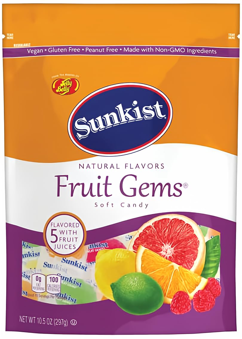 Jelly Belly Sunkist Assorted Fruit Gems - 10.5oz Resealable Pouch with 5 Intense Fruit Flavors | Non-GMO, Individually Wrapped Candies | Perfect for Halloween, Party Favors, Office Snacks & Gift Baskets