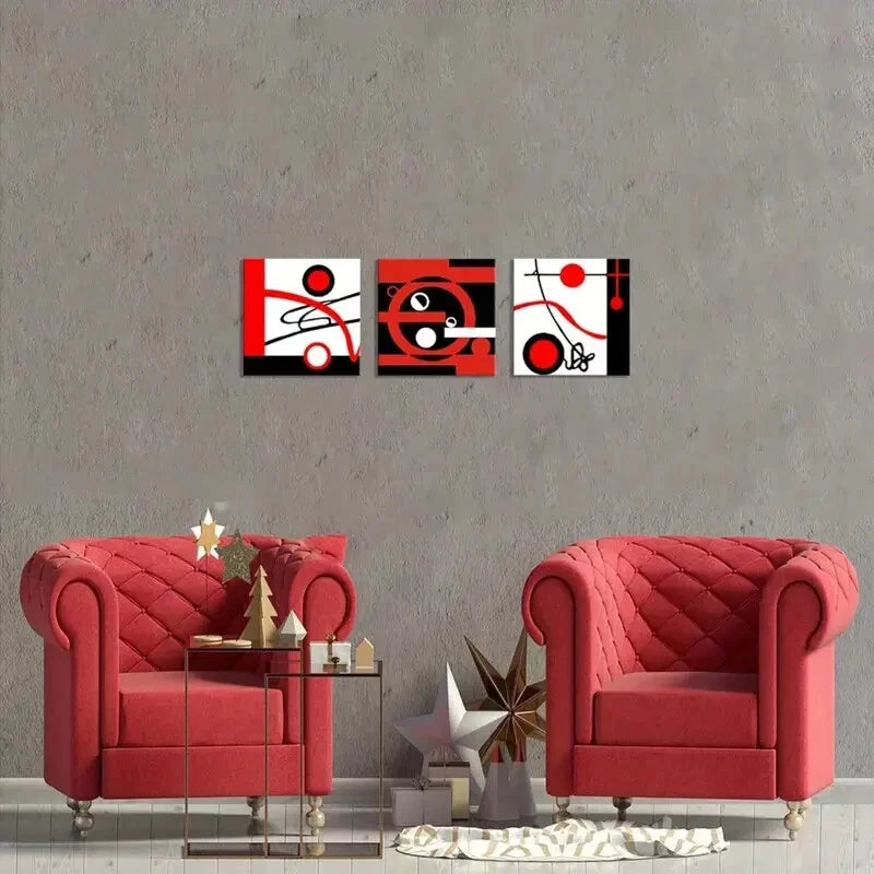 3-Piece Modern Red Geometric Abstract Black & White Metal Wall Art - Ready to Hang Canvas Prints for Living Room, Bedroom & Office Decor