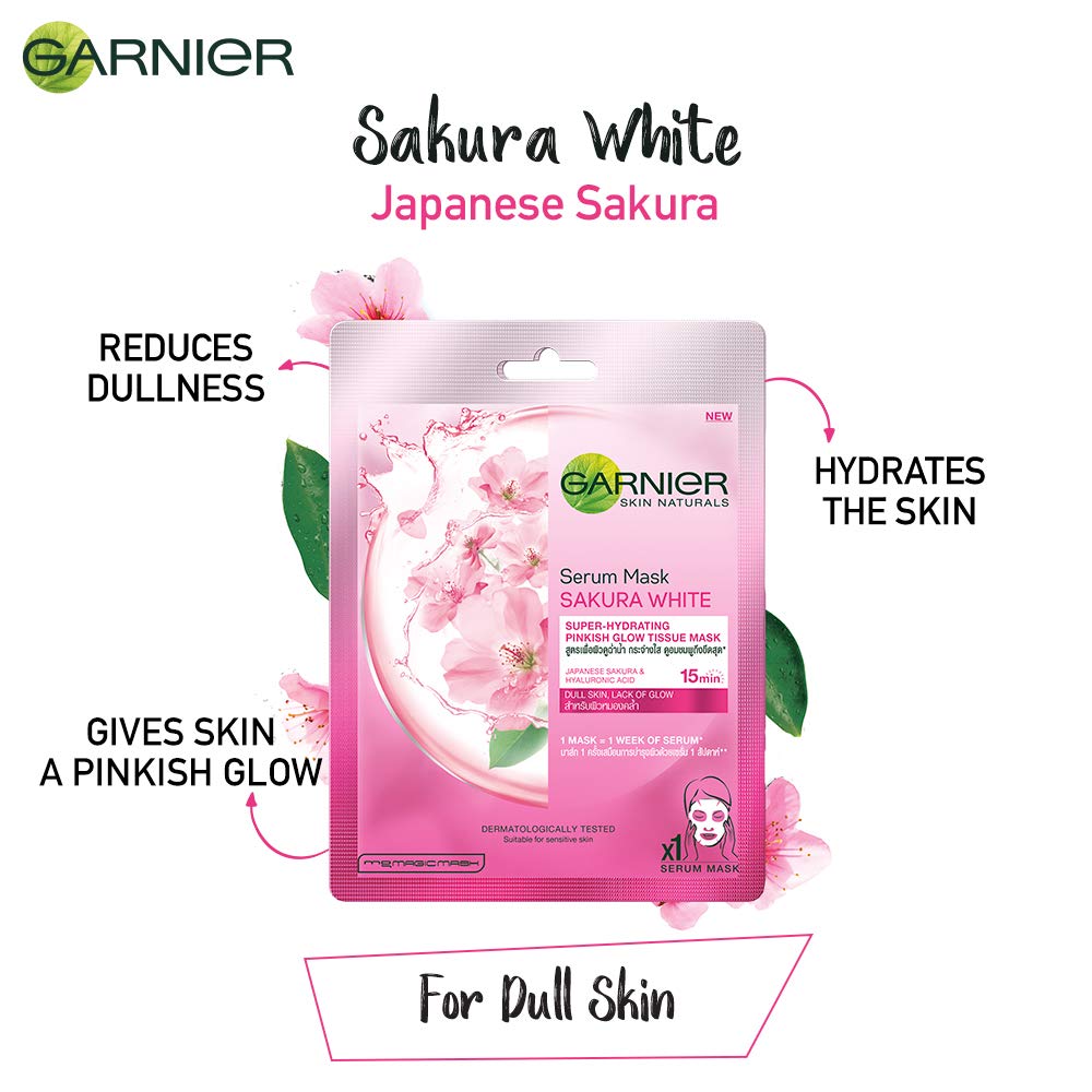 Garnier Skin Naturals Green Tea Face Serum Sheet Mask 32g & Sakura White Brightening Face Mask - Hydrating & Brightening Korean Skincare for Glowing Skin - Perfect for Daily Use, Spa Night, or Travel Skincare Routine