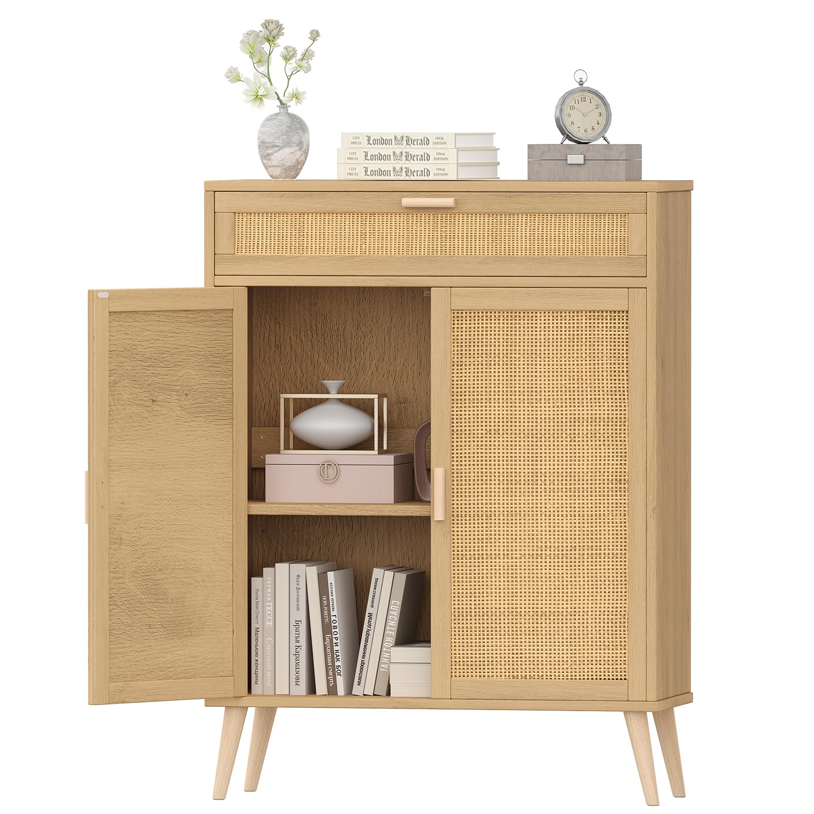 Rovaurx Natural Rattan Accent Floor Storage Cabinet with Large Drawer - Freestanding Bathroom Organizer Cabinet for Bedroom, Living Room & Home Decor (BMGZ107M)