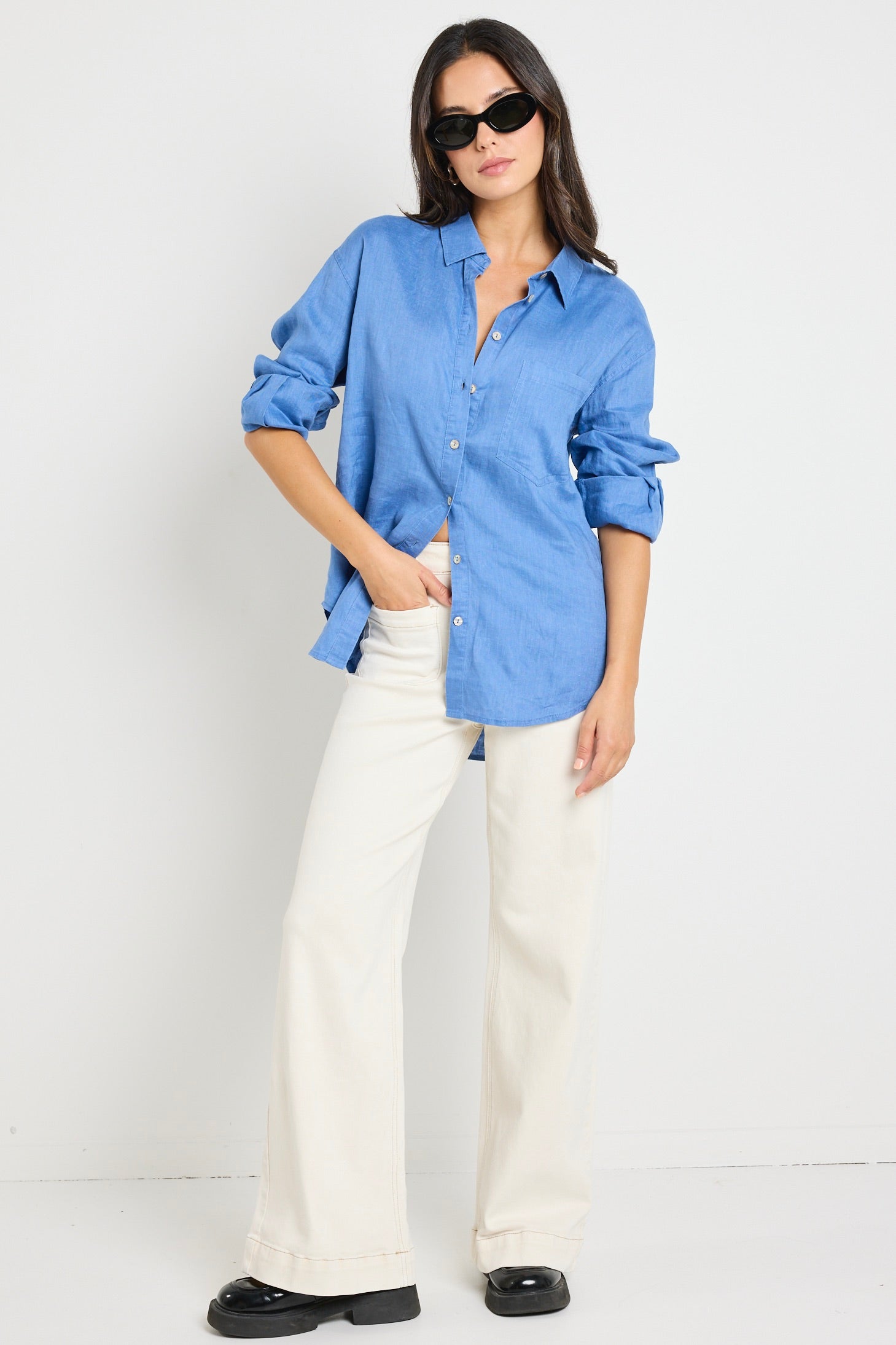 Optimum True Blue Linen Oversized Shirt for Women - Soft & Breathable Button Down Blouse - Perfect for Summer, Beach & Casual Outfits