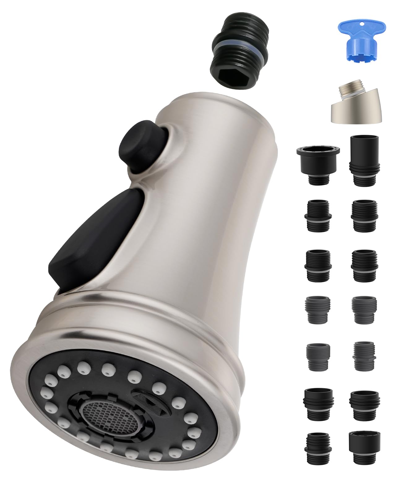 Hygie Universal Pull Down Kitchen Faucet Head Replacement - 3 Function Sink Sprayer with 15 Adapters for Moen, Delta, Kohler - Brushed Nickel - Perfect for Dishwashing, Food Prep & Cleaning Fruits