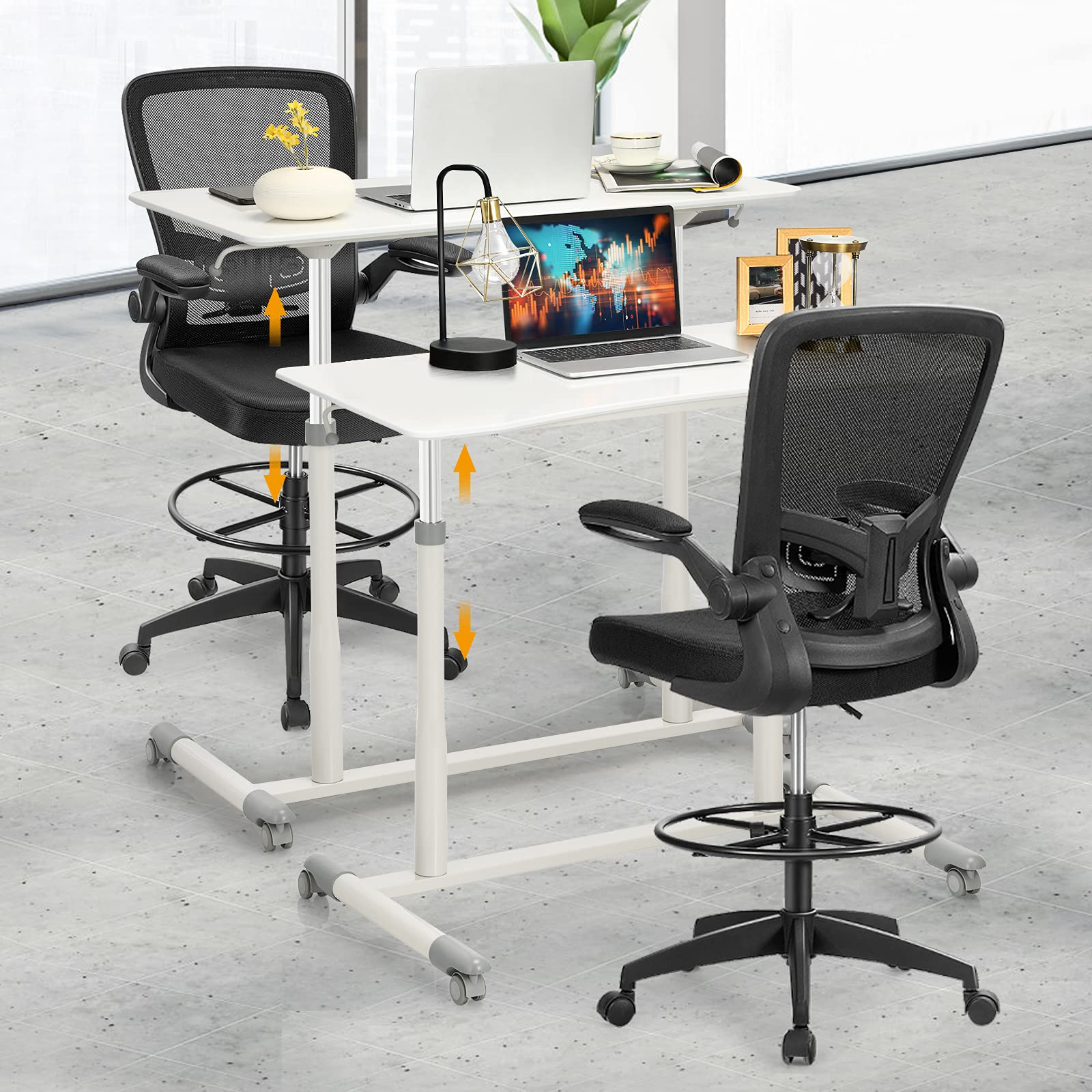 Tangkula Adjustable Height Home Office Desk & Ergonomic Chair Set with Wheels & Lumbar Support - White Computer Desk for Working, Studying, Gaming - Perfect for Small Spaces & Remote Work Setup
