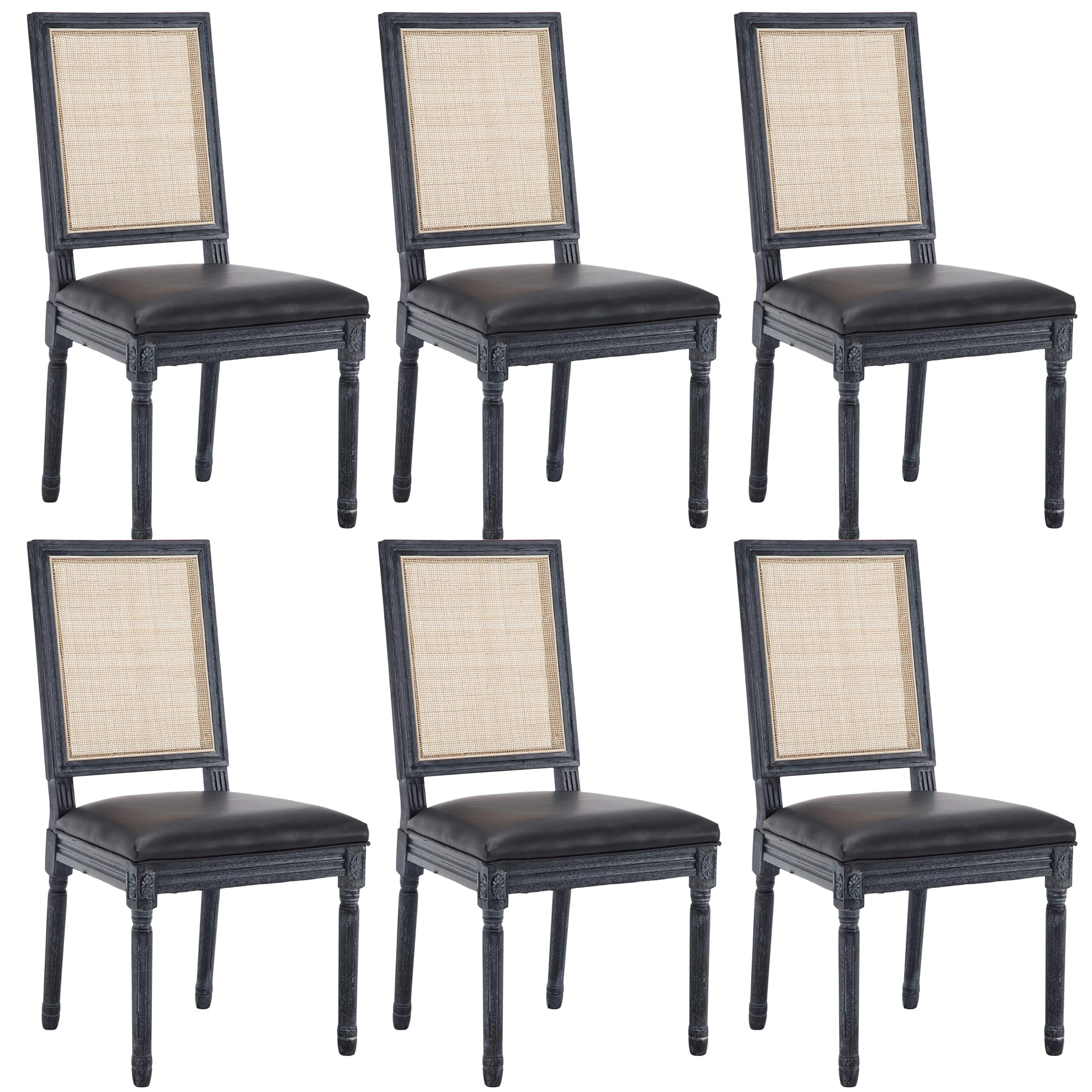 6-Piece Faux Leather Dining Chairs Set - Farmhouse Kitchen Chairs with Upholstered Parsons Design & Rattan Back, French Country Style for Dining Room, Restaurant or Home Decor (Black)