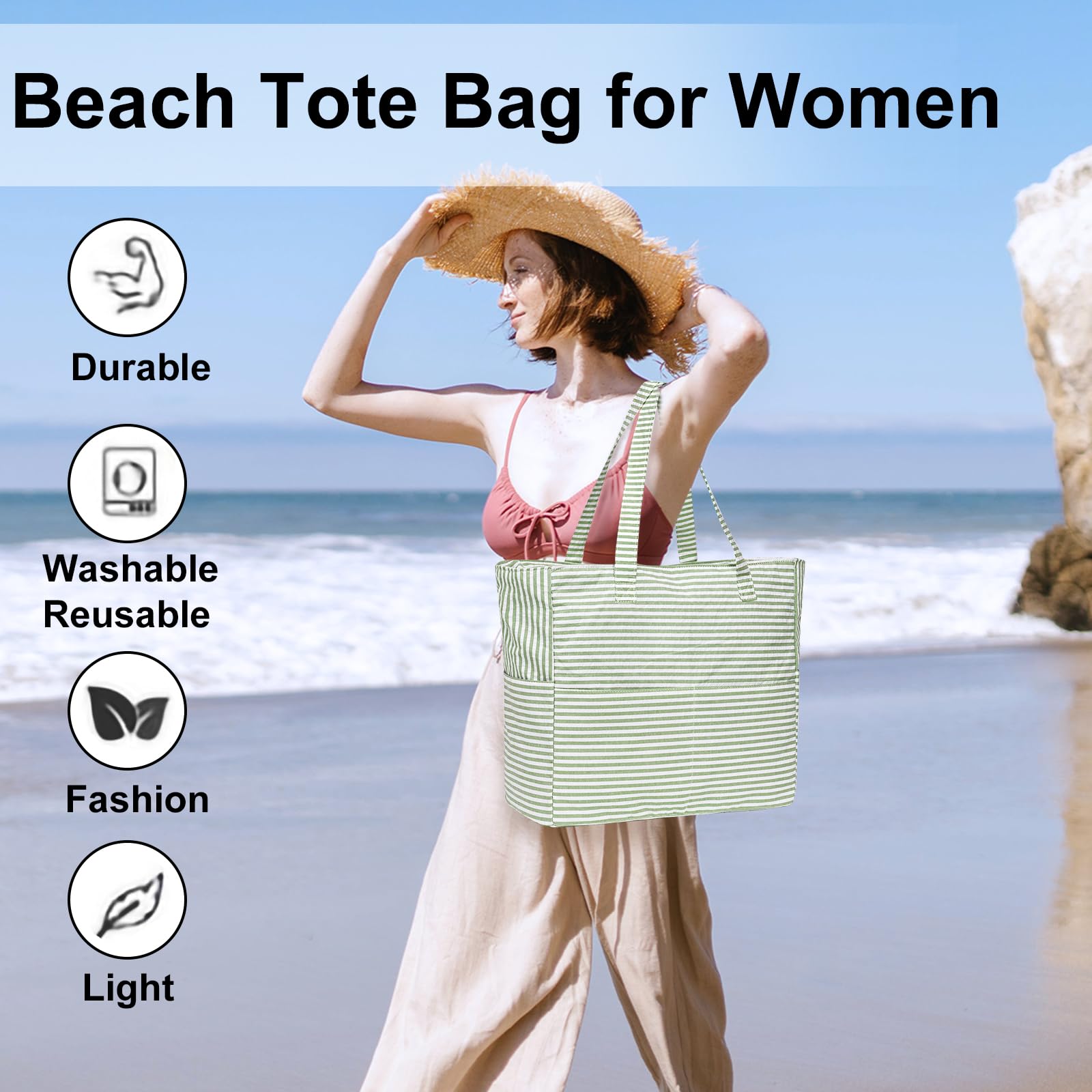 LEDAOU Large Waterproof Beach Tote Bag for Women - Sandproof Zippered Pool & Gym Bag with Wet Pocket - Perfect for Beach, Travel, Grocery Shopping & Outdoor Activities