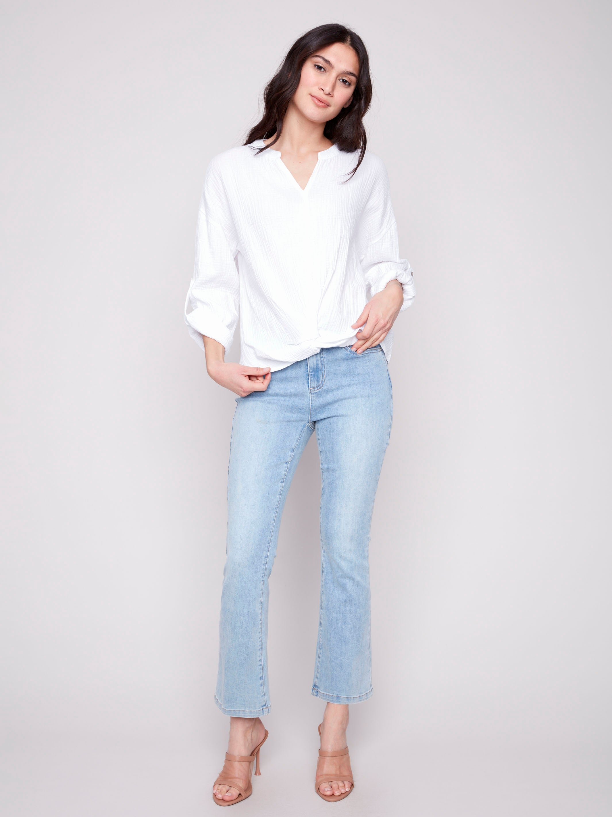 Stylish White Bubble Cotton Blouse with Front Twist Detail - Perfect for Casual Outings & Office Wear