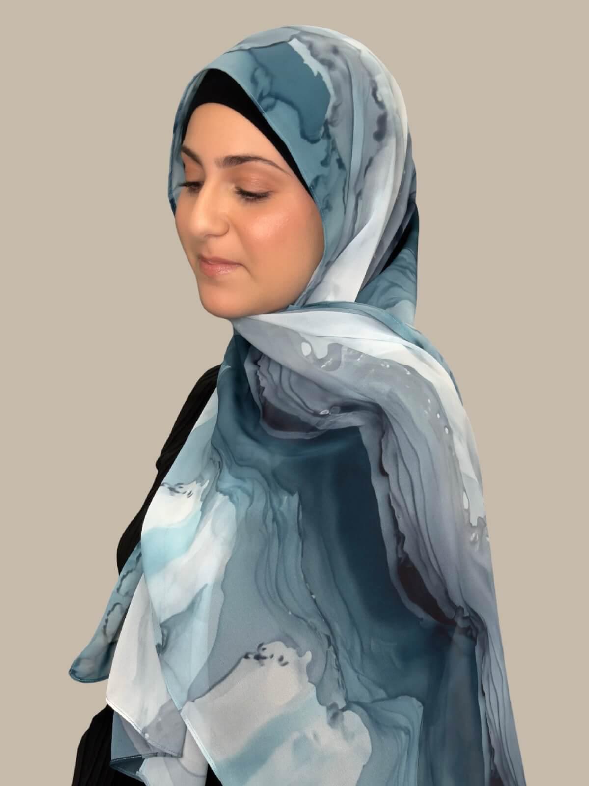 Stylish Printed Chiffon Hijab Scarf for Women - Tidal Teal Color - Perfect for Daily Wear, Prayer & Special Occasions