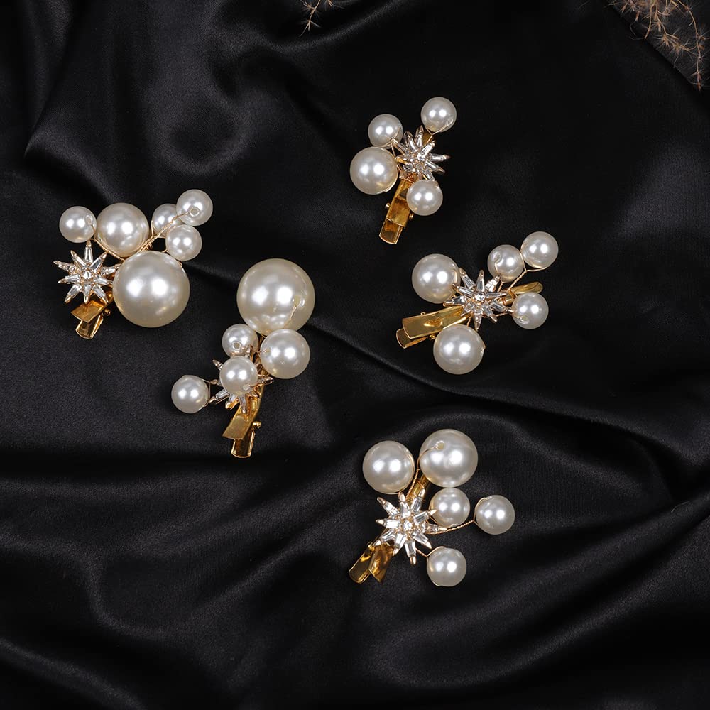 Jumwrit Pearl Hair Clips Set - 5PCS Wedding Rhinestone Crystal Bridal Hairpins, Handmade Flower Hair Accessories for Women & Girls (Gold) | Perfect for Brides, Bridesmaids, Prom, Parties & Special Occasions