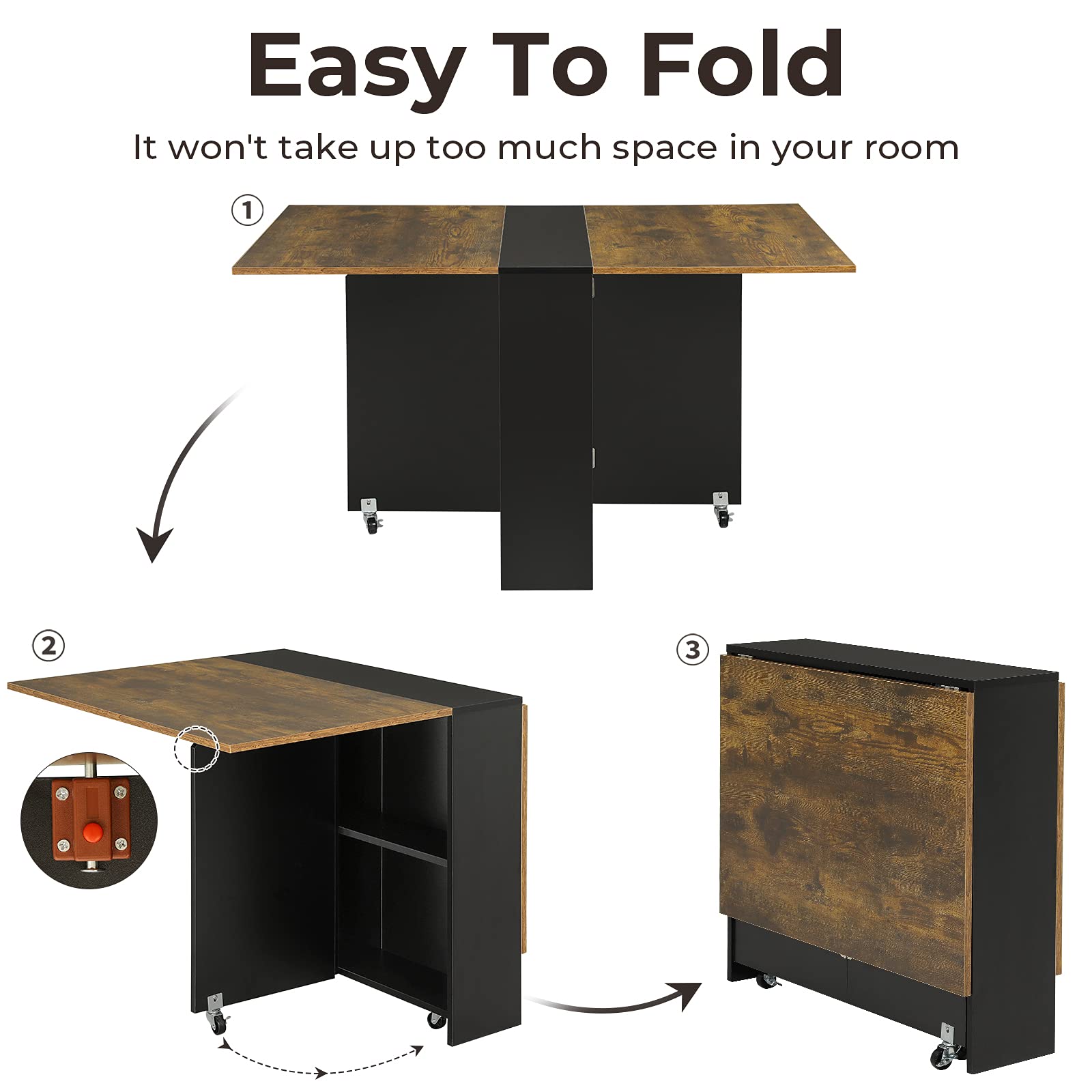 Tiptiper 6-Wheel Folding Dining Table with 2-Tier Storage Shelf - Space Saving Kitchen Table for Small Apartments, Rustic Brown & Black - Perfect for Compact Living Rooms, Studio Apartments & Dorm Rooms