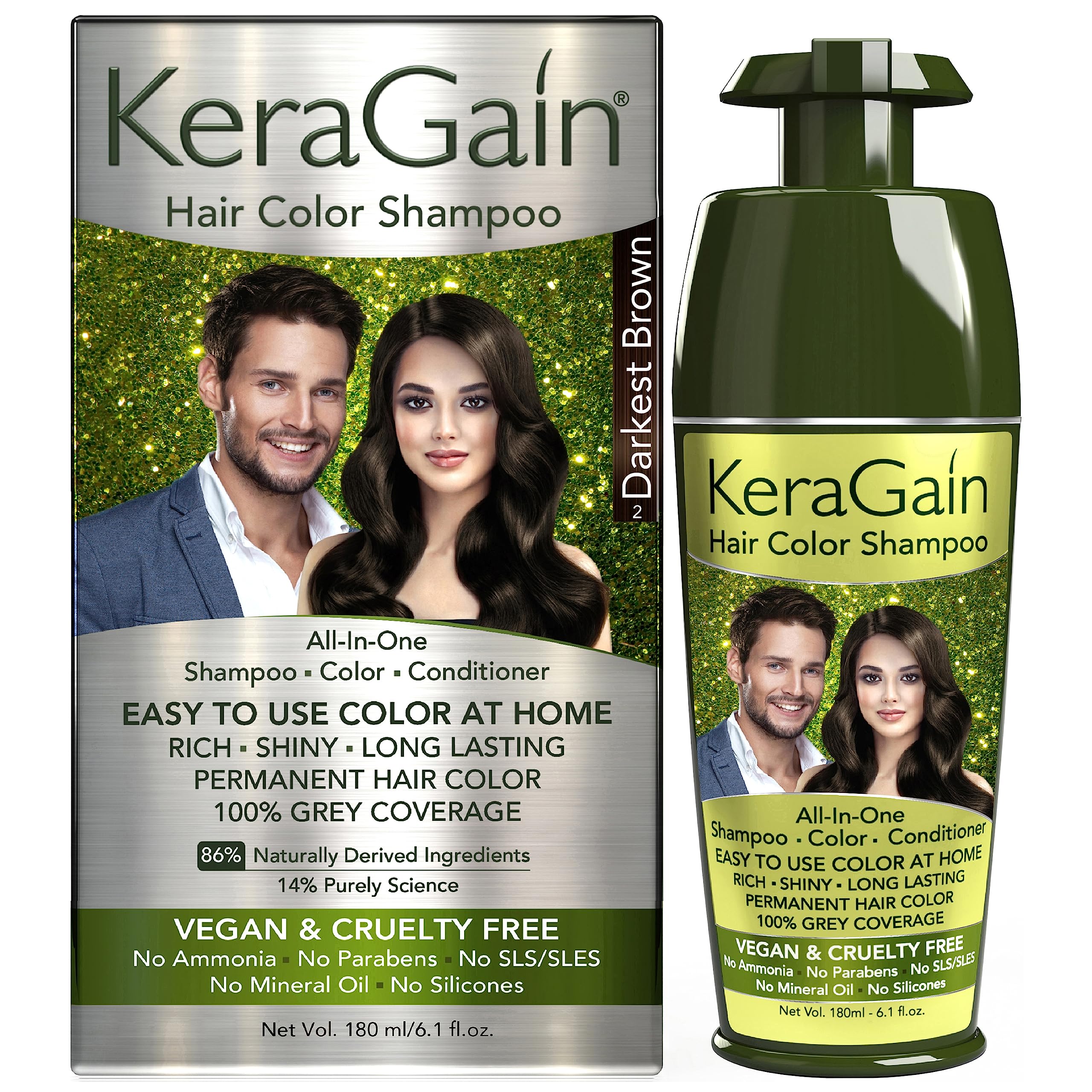 KeraGain Permanent Hair Dye Shampoo - Darkest Brown (180ml) | Ammonia & PPD Free Hair Color for Women & Men | 100% Gray Coverage Lasts 8 Weeks | Infused with Argan Oil, Onion Oil & Vegan Keratin | Perfect for At-Home Hair Coloring & Touch-Ups