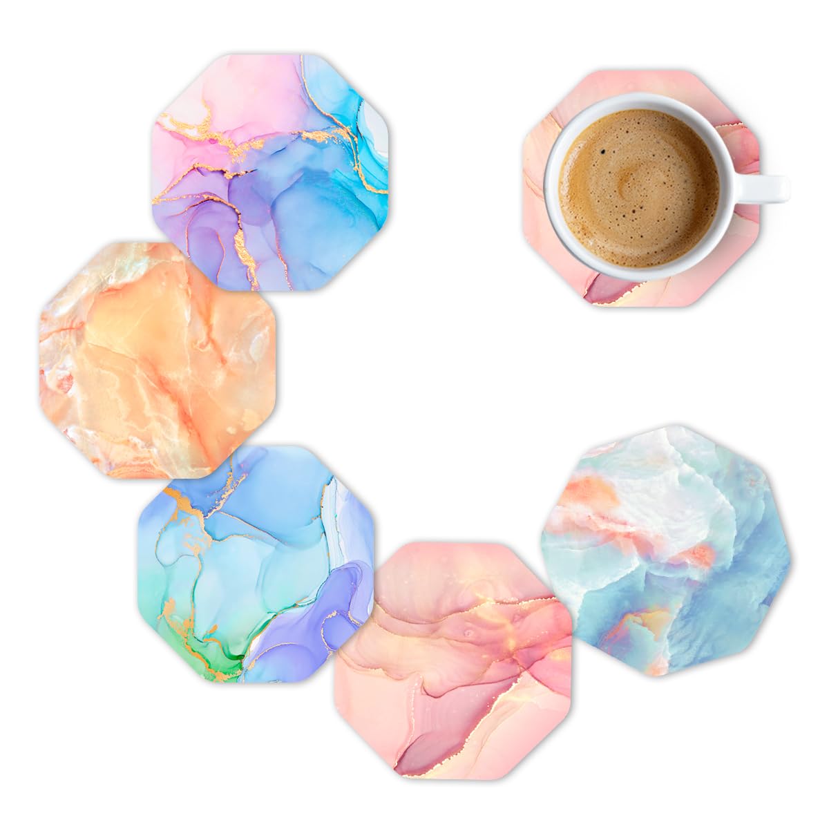 Premium Wooden Coasters Set of 5 - 3.5x3.5 Inch Octagon Marble Design for Coffee, Tea & Glasses - Brizberry Brizcoast Designer Printed Drinkware Protectors - Perfect for Home, Office & Restaurant Use
