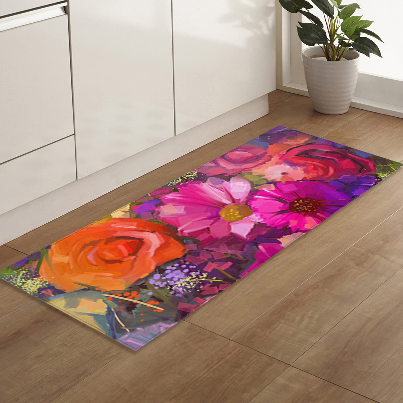 Soft Plush Non-Slip Bathroom Rug - Absorbent Shaggy Bath Mat with Multicolored Flowers, 24x71 Inch Fluffy Doormat for Bedroom, Living Room & Indoor Use | Perfect for Bathroom Safety, Cozy Home Decor & Guest Welcome Mat