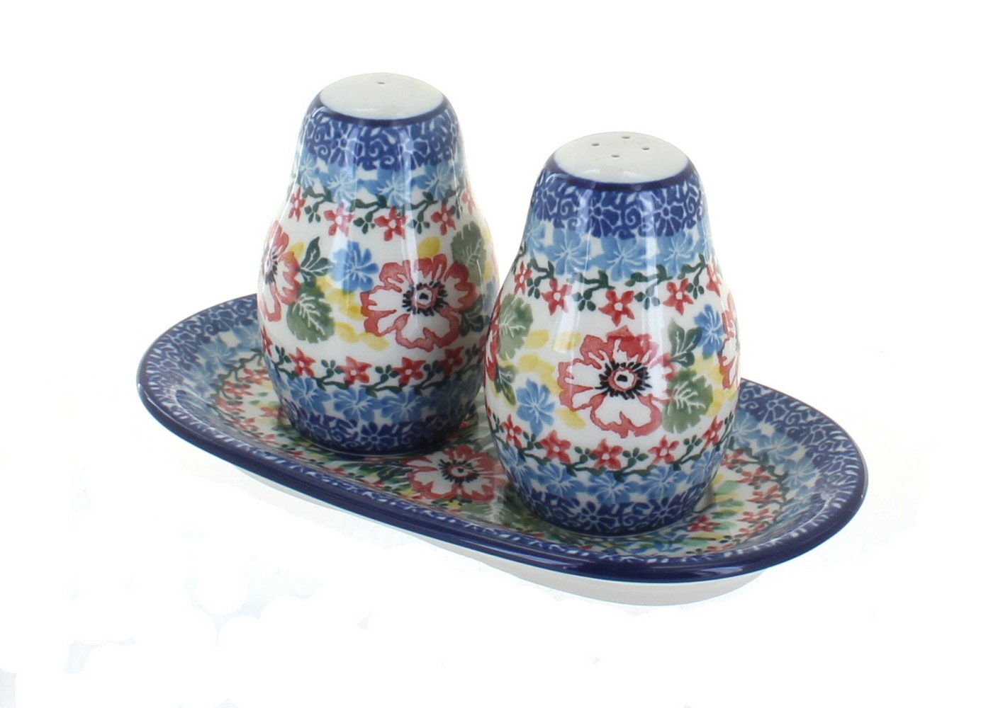 Blue Rose Polish Pottery Hummingbird Salt and Pepper Shakers Set with Tray - Elegant Kitchen Tableware for Dining & Home Decor