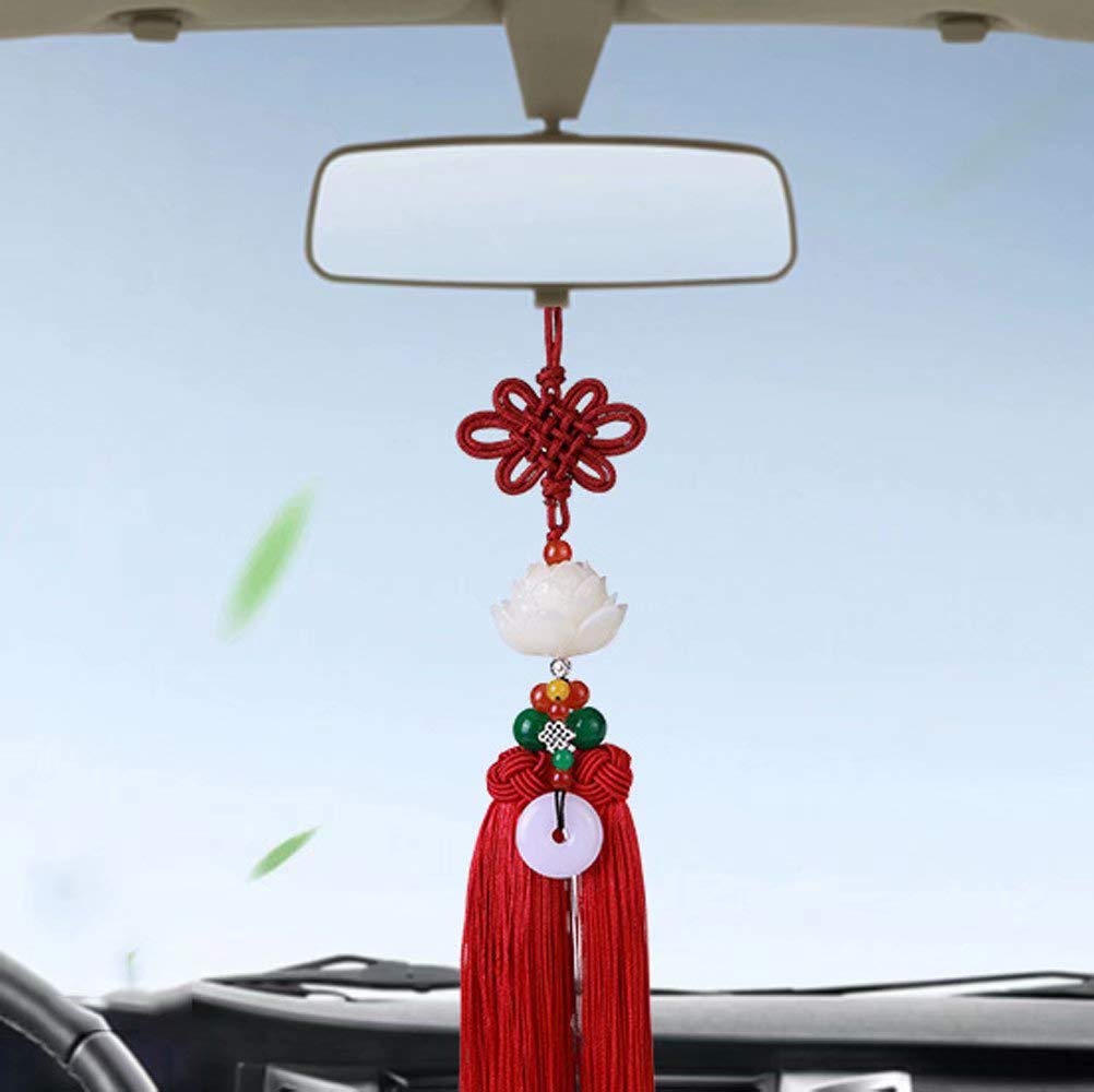 Crystal Lotus Car Pendant with Tassel - Yellow Chinese Knot Hanging Ornament for Car Interior Decoration | Perfect for Rearview Mirror, Dashboard & Gift Giving