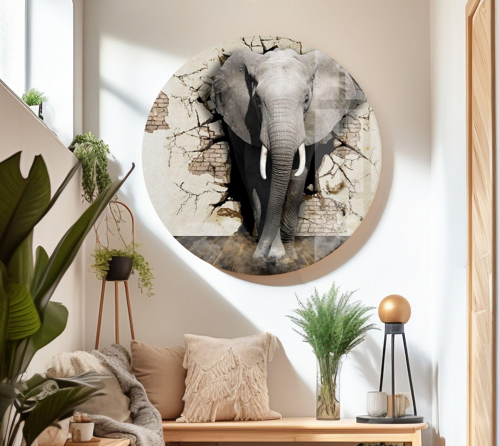3D Elephant Art Glass Wall Decor - Handmade Modern Home Decoration for Living Room, Bedroom, Office - Unique Gift Idea for Animal Lovers