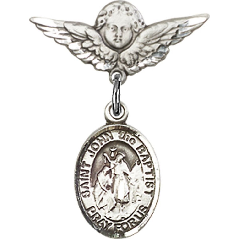 St. John The Baptist Sterling Silver Baby Badge with Angel Wing Charm - 7/8 X 3/4 Inch Religious Pin for Christening, Baptism & First Communion Gifts