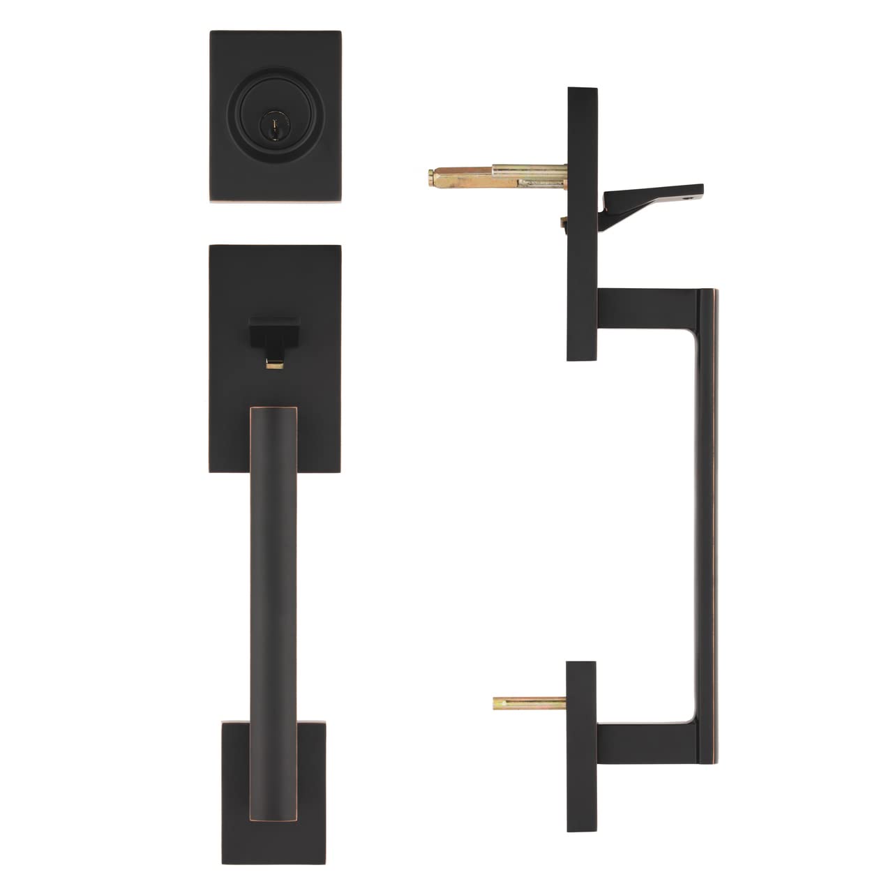 CozyBlock Double Door Handle Sets with Single Cylinder Deadbolt - Adjustable Rectangular Entry Door Lock Set with Dummy (Arch Lever, Oil Rubbed Bronze) for Home Security & Front Door Protection