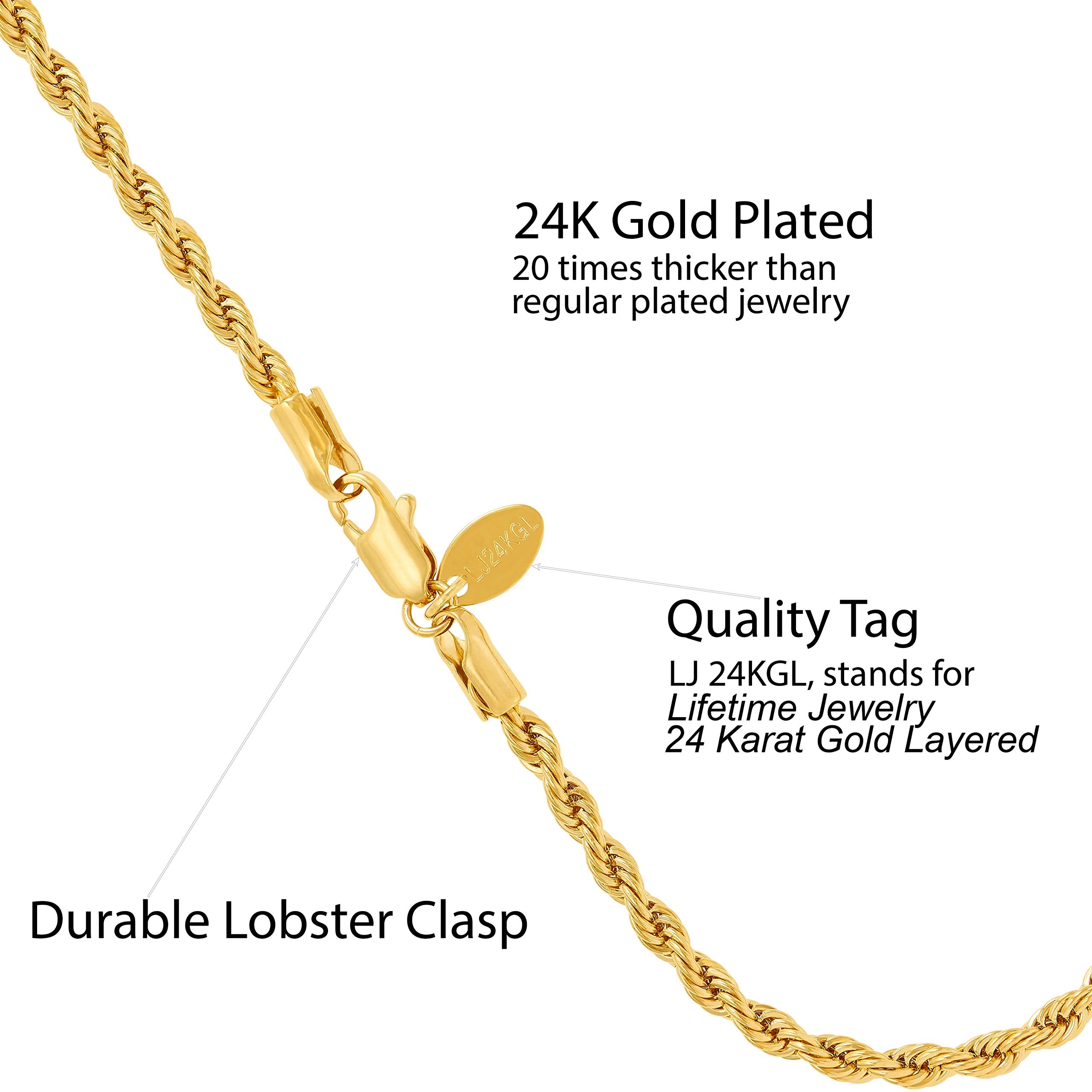 LIFETIME JEWELRY 24k Gold Plated Women's Anklet Bracelet - 4mm Rope Chain Ankle Jewelry for Everyday Wear, Beach Vacation & Special Occasions