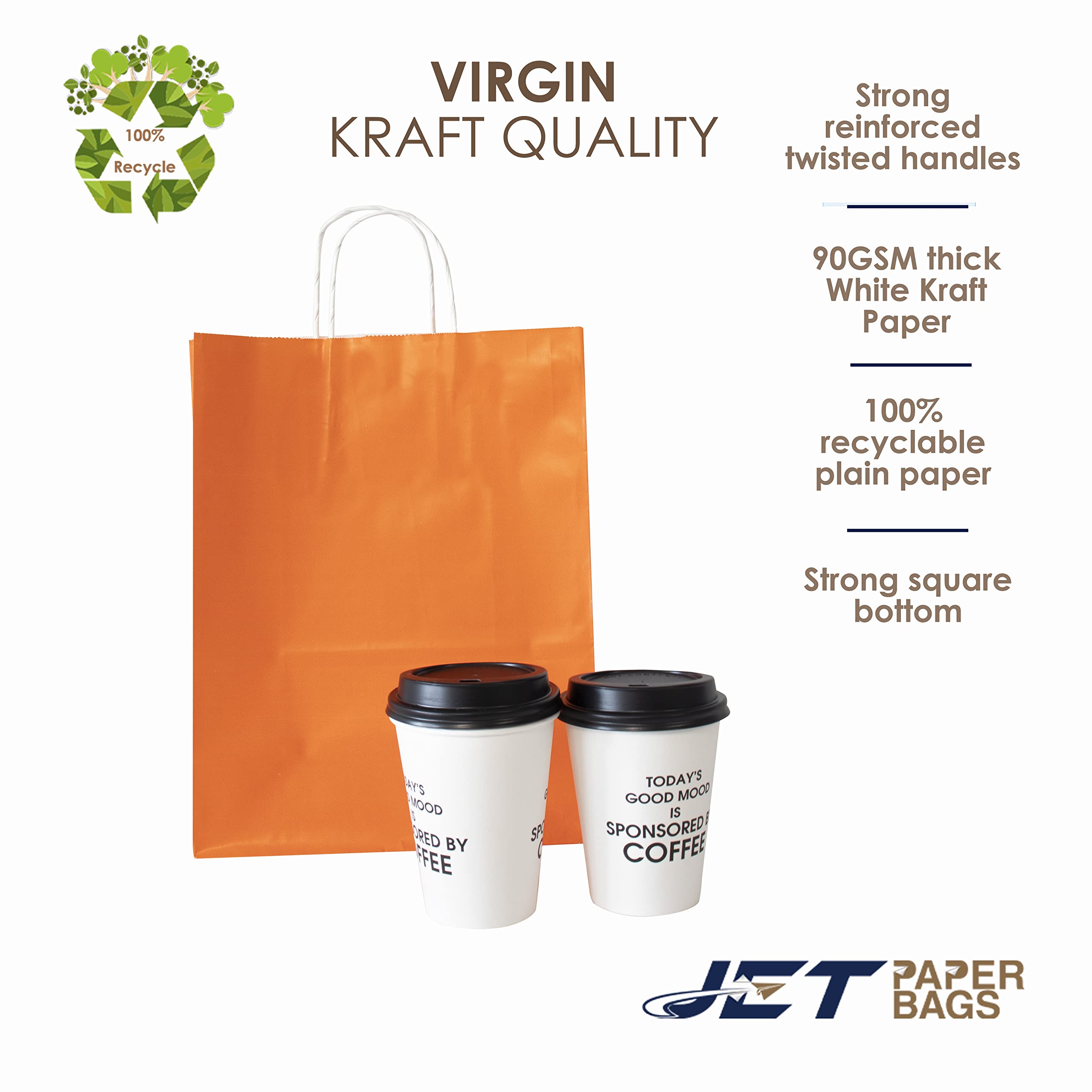 JET PAPER BAGS - 10x5x12 Inch [100 Pcs] Medium Kraft Gift Bags with Handles - Bulk Prime Kraft Paper Bags for Gifts, Grocery, Retail, Party & Weddings - Orange (100 Count) - Perfect for Birthday Presents, Bridal Showers & Holiday Gift Wrapping