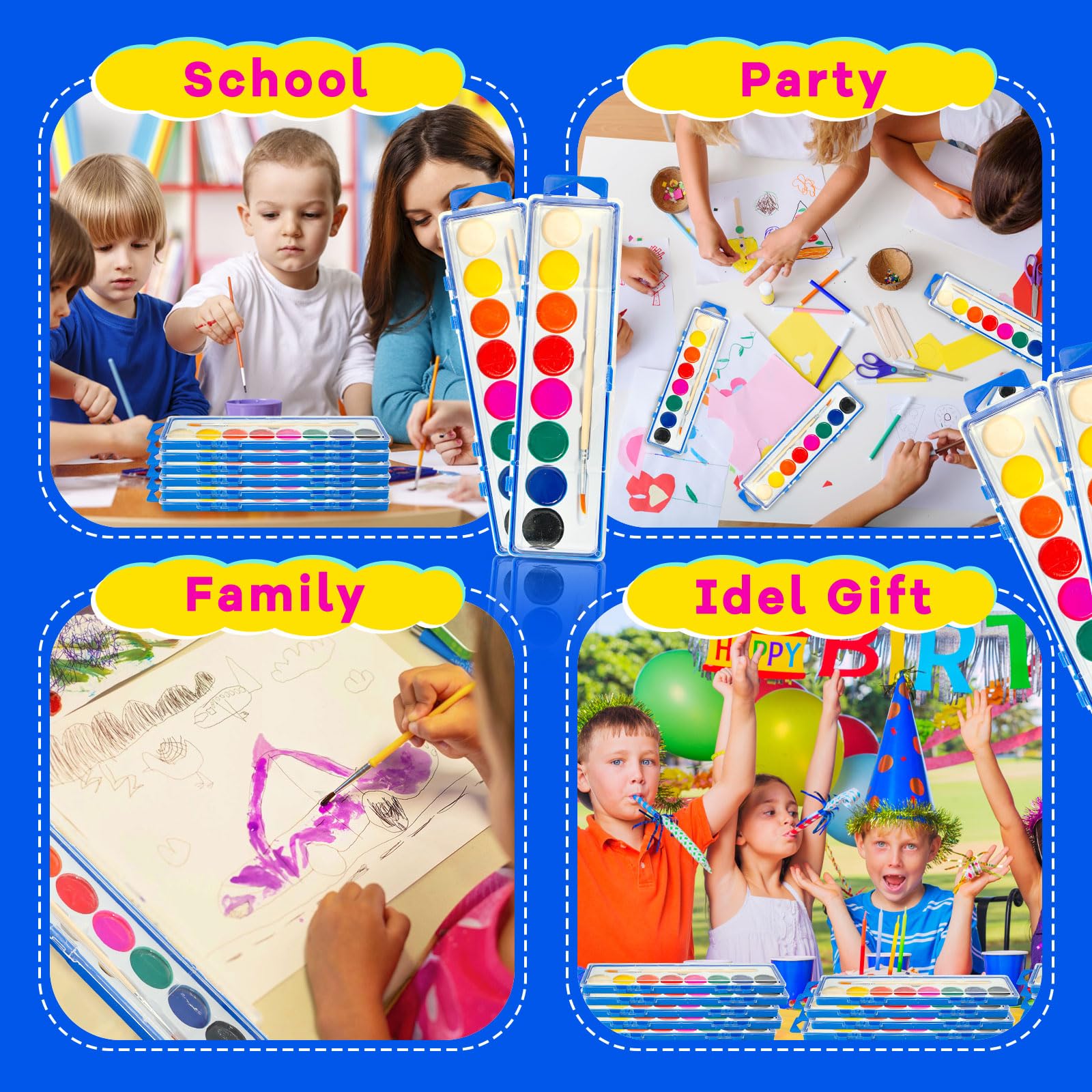 36 Pack Kids Watercolor Paint Set - 8 Vibrant Washable Colors with Paintbrush | Bulk Art Supplies for Classroom, Birthday Party Favors & Creative Painting Activities