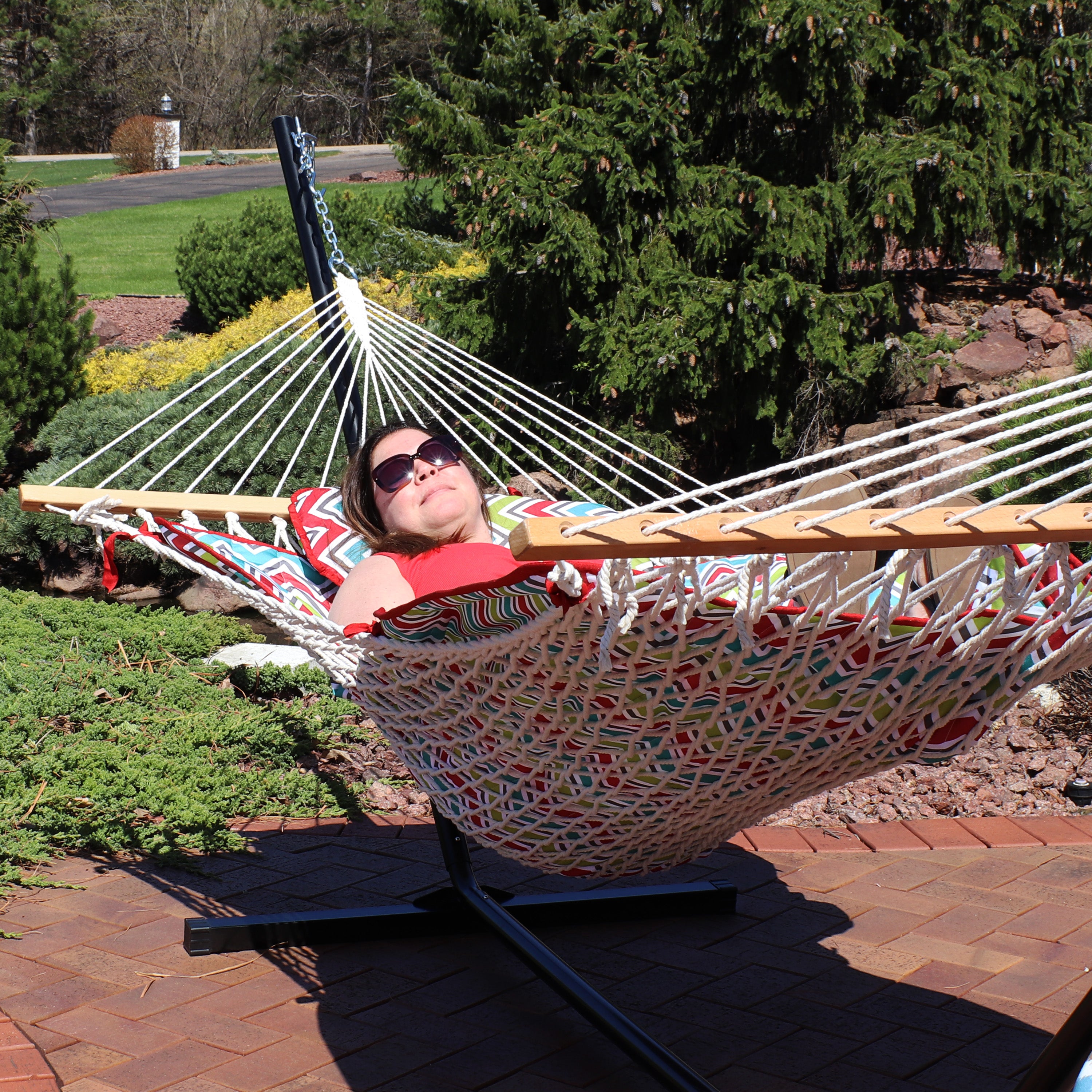 Premium Sunnydaze Rope Hammock with 12-Foot Steel Stand, Comfortable Pad & Pillow - Perfect for Backyard Relaxation, Beach Lounging & Outdoor Camping