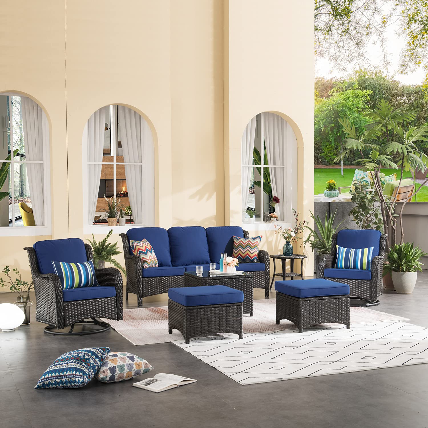 **XIZZI 7-Piece All-Weather Wicker Patio Furniture Set with Swivel Rocking Chairs, High Back Sofa, Ottomans & Coffee Table – Brown Wicker & Navy Blue Cushions – Perfect for Outdoor Lounging, Backyard Relaxation & Poolside Gatherings**