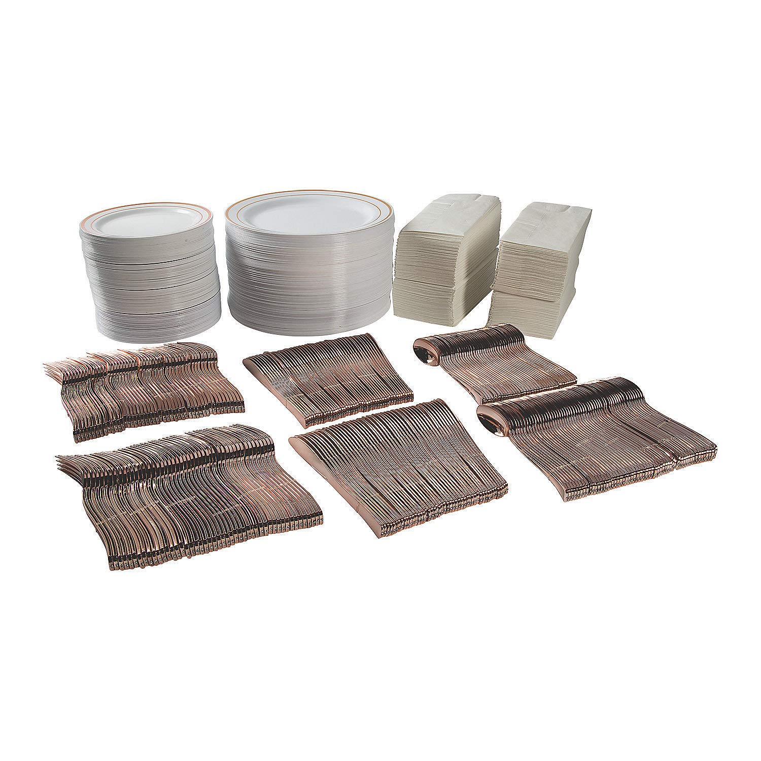 Premium White & Rose Gold Plastic Tableware Set - 588-Piece Bulk Party Supplies for 96 Guests - Elegant Disposable Plates, Cups & Cutlery for Weddings, Birthdays & Special Events