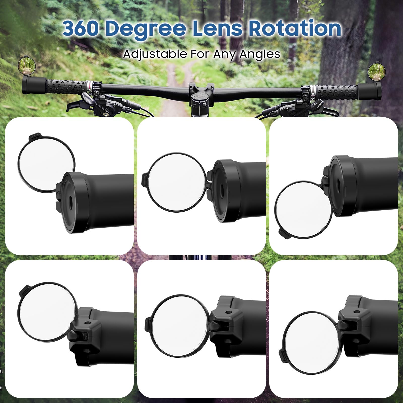 MoKo 2-Pack 360° Rotatable Bike Mirrors - Durable Acrylic & Silicone Rearview Mirrors for Mountain Bikes, E-Bikes, Motorcycles - Safe Handlebar Mount for Enhanced Cycling Visibility (Perfect for Commuting, Trail Riding & Road Safety)