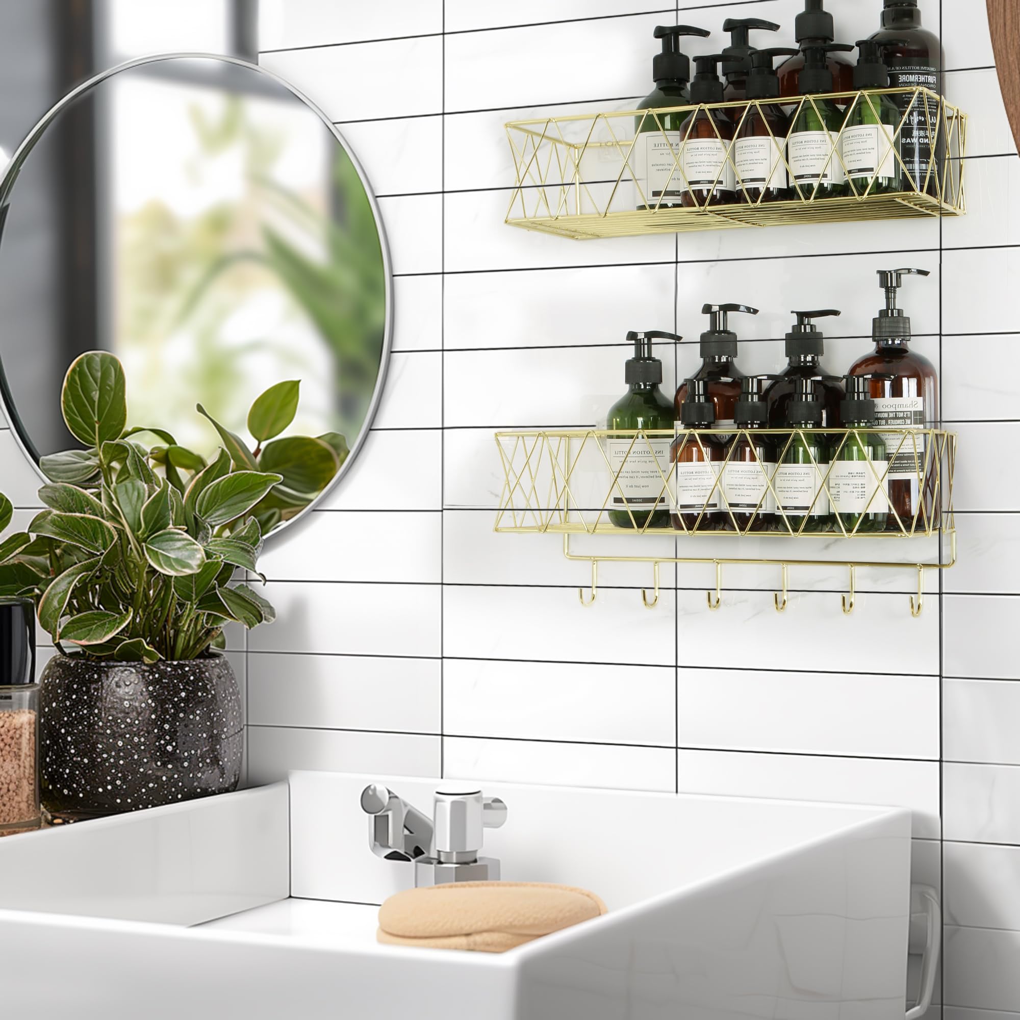 5-Pack Gold Shower Caddy - Rustproof Stainless Steel Bathroom Organizer with Soap Holder & 2 Razor Hooks - Wall Mounted Shelves & Adhesive Rack - Large Capacity Storage Basket - Perfect for Shower, Bathroom & Dorm Decor
