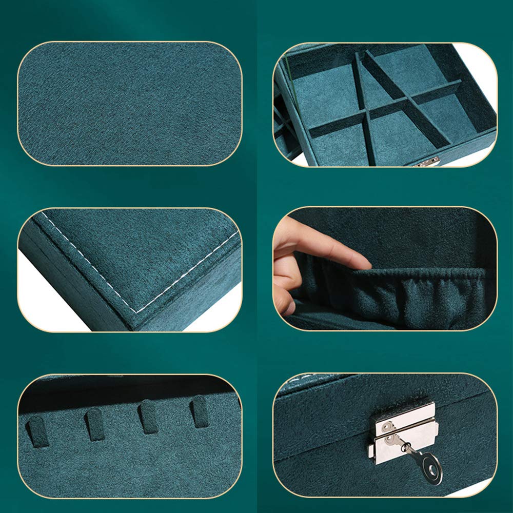 2-Layer Lockable Suede Jewelry Organizer Box - Portable Leather Storage Case for Watches, Earrings, Rings, Necklaces & Bracelets (Dark Green) | Travel, Home & Gift Use