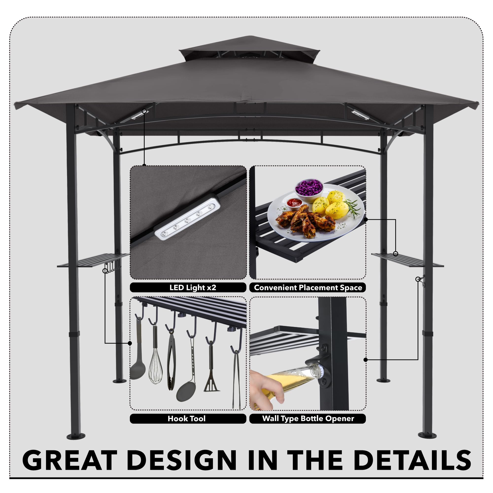 MASTERCANOPY 8x5 FT Outdoor Grill Gazebo with 2 LED Lights - Waterproof BBQ Canopy Shelter for Patio, Backyard, and Camping (Gray)