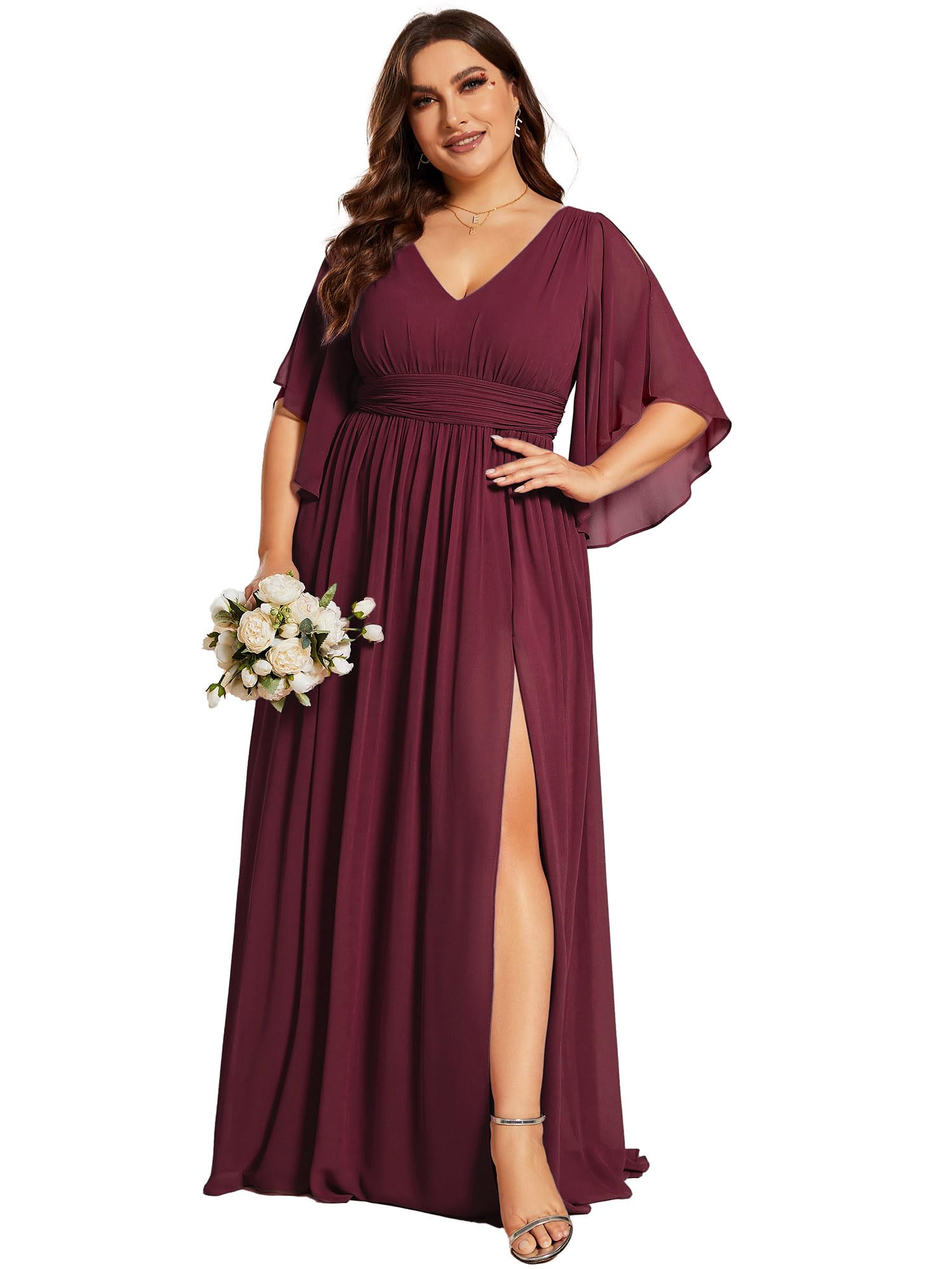 Ever-Pretty Plus Size Women's V-Neck A-Line Floor-Length Bridesmaid Dress with Slit & Half Sleeves (Style 01886-DA) - Perfect for Weddings, Formal Events & Special Occasions