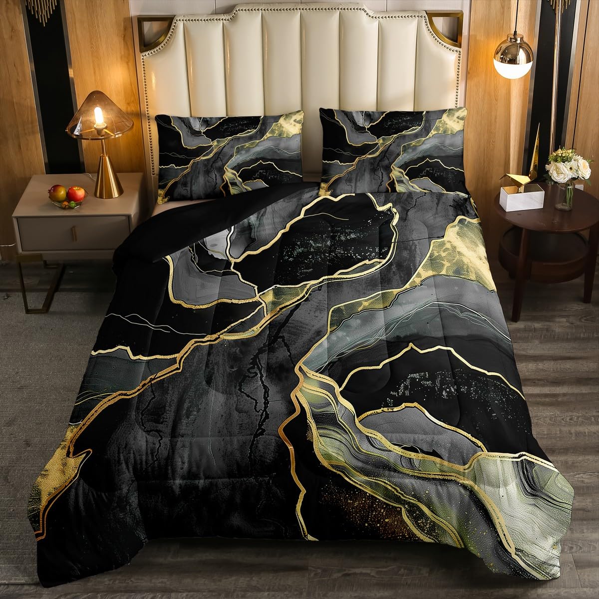 Luxury Black Gray Comforter Set with Marble Gold Sequins - Twin Size Bedding Set for Kids, Boys, Girls & Teens | Soft Lightweight Duvet Cover with Abstract Marble Texture Print | Includes 1 Pillowcase | Perfect for Bedroom Decor, Gift Ideas & Cozy Sleep