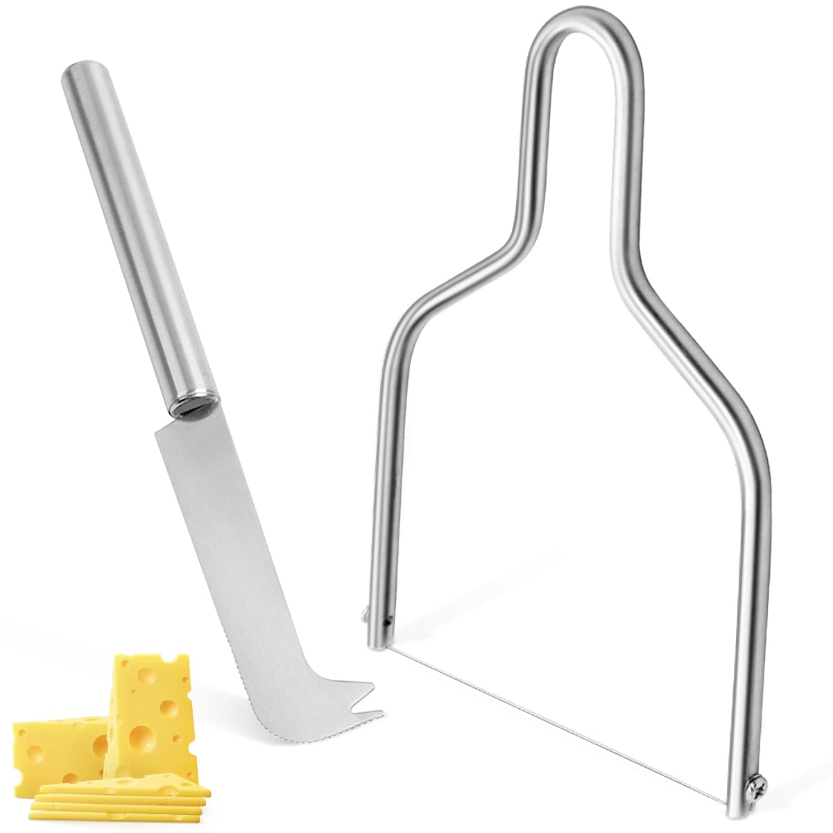 2 Pack Stainless Steel Cheese Slicer & Knife Set - Professional Block Cheese, Butter & Avocado Cutter - Silver Kitchen Utensils for Cheese Platters, Charcuterie Boards & Food Prep