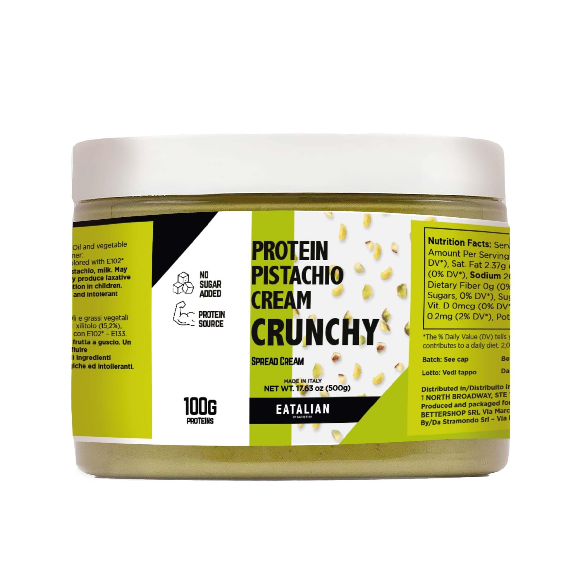 EATALIAN by AMZ BETTER Spreadable Crunchy Pistachio Protein Cream 17.63 oz (500g) - Italian Pistachio Butter with Protein & Grains, Sweet Nutty Flavor - Perfect for Toast, Pastry Filling, Baking & Healthy Snacks - Made in Italy