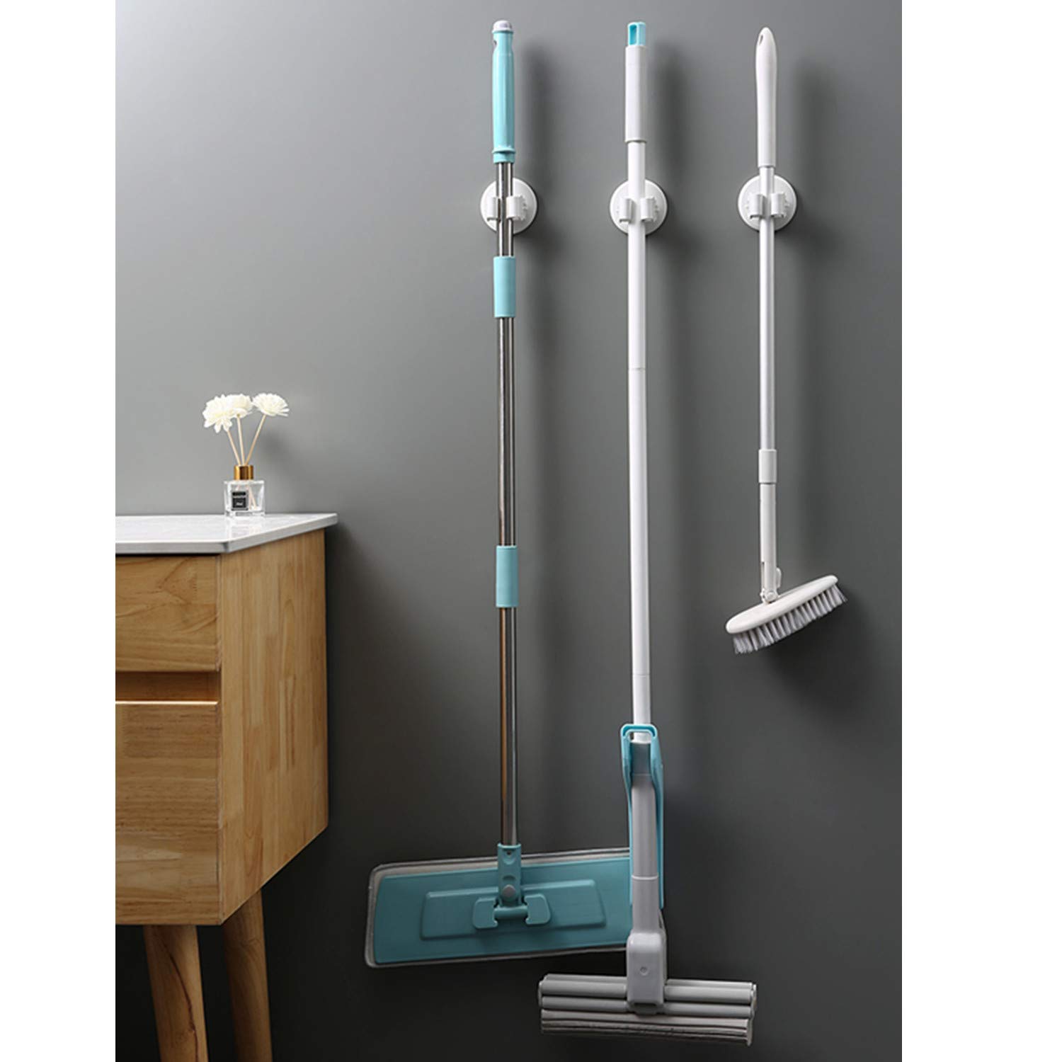 ABS Plastic Self-Adhesive Mop and Broom Holder Organizer - 3 Pack White Garden & Garage Storage Rack for Tools, Cleaning Supplies - Perfect for Closet, Laundry Room, and Shed Organization