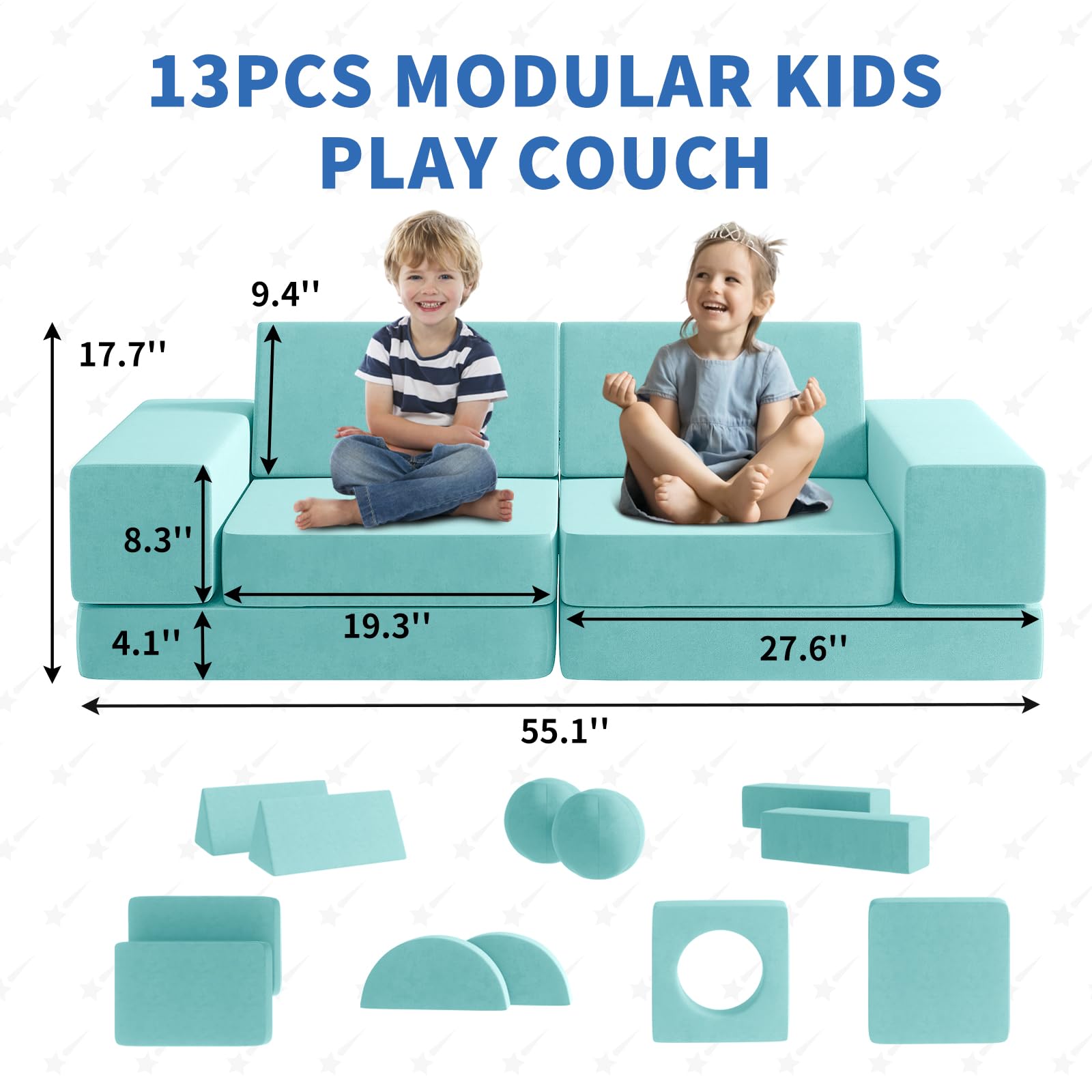 **12PCS Modular Kids Couch Set with 2 Balls & Play Tunnel – Soft Toddler Sofa for Playroom, Kickball & Pitching Games – 30+ Creative Play Ideas – Ice-Snow Blue – Perfect for Indoor Playdates, Learning & Fun**