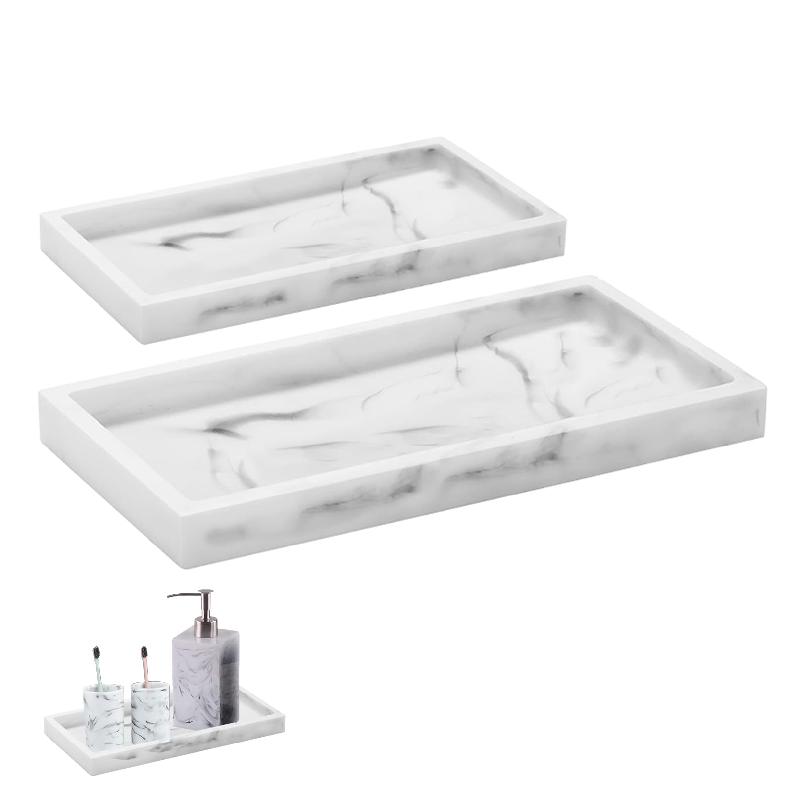 2-Pack Silicone Bathroom Vanity Tray Set - Shatterproof Flexible Soap Dispenser & Organizer (11.8