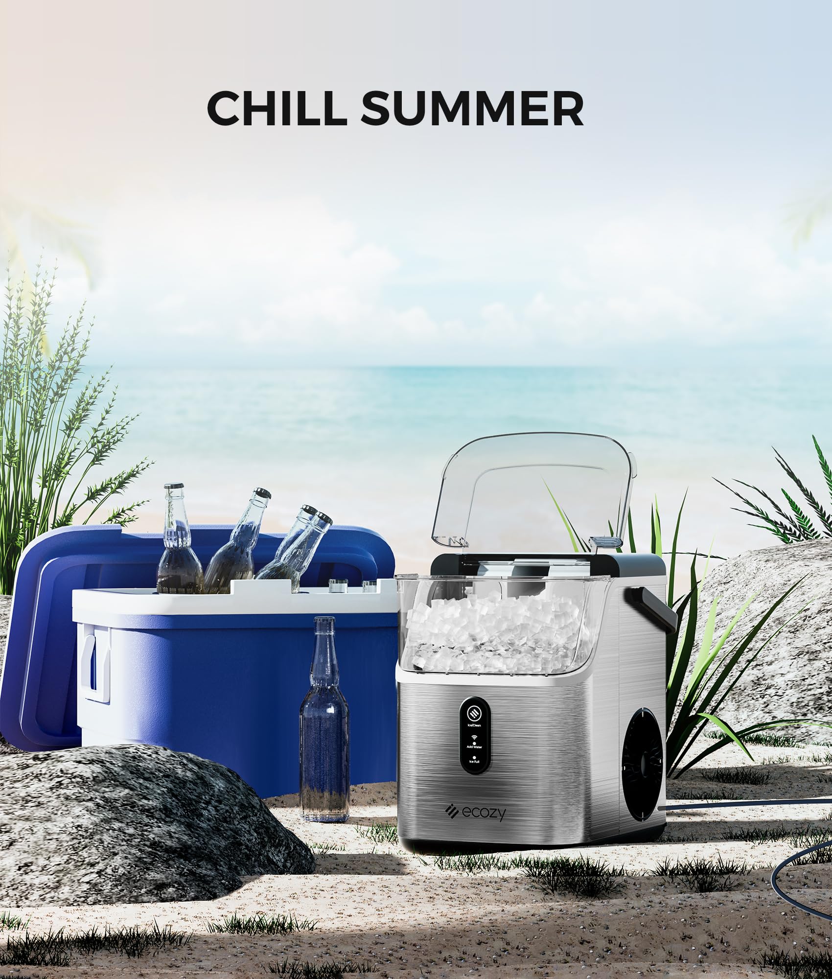 Ecozy Smart Countertop Nugget Ice Maker - 35lbs/24H Soft Chewable Pebble Ice Machine with Self-Cleaning & Voice Control for Home, Kitchen, Bar, Office - Stainless Steel - Perfect for Cocktails, Sodas, and Party Drinks