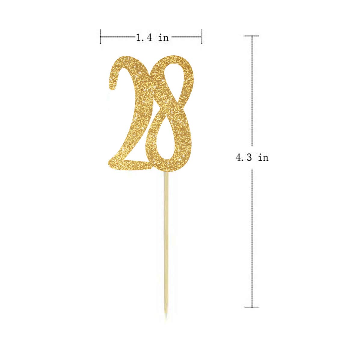 Gold Happy 28th Birthday Cupcake Toppers - 24-Pack Glitter Number 28 Cake Decorations for Birthday Parties, Anniversaries & Celebrations