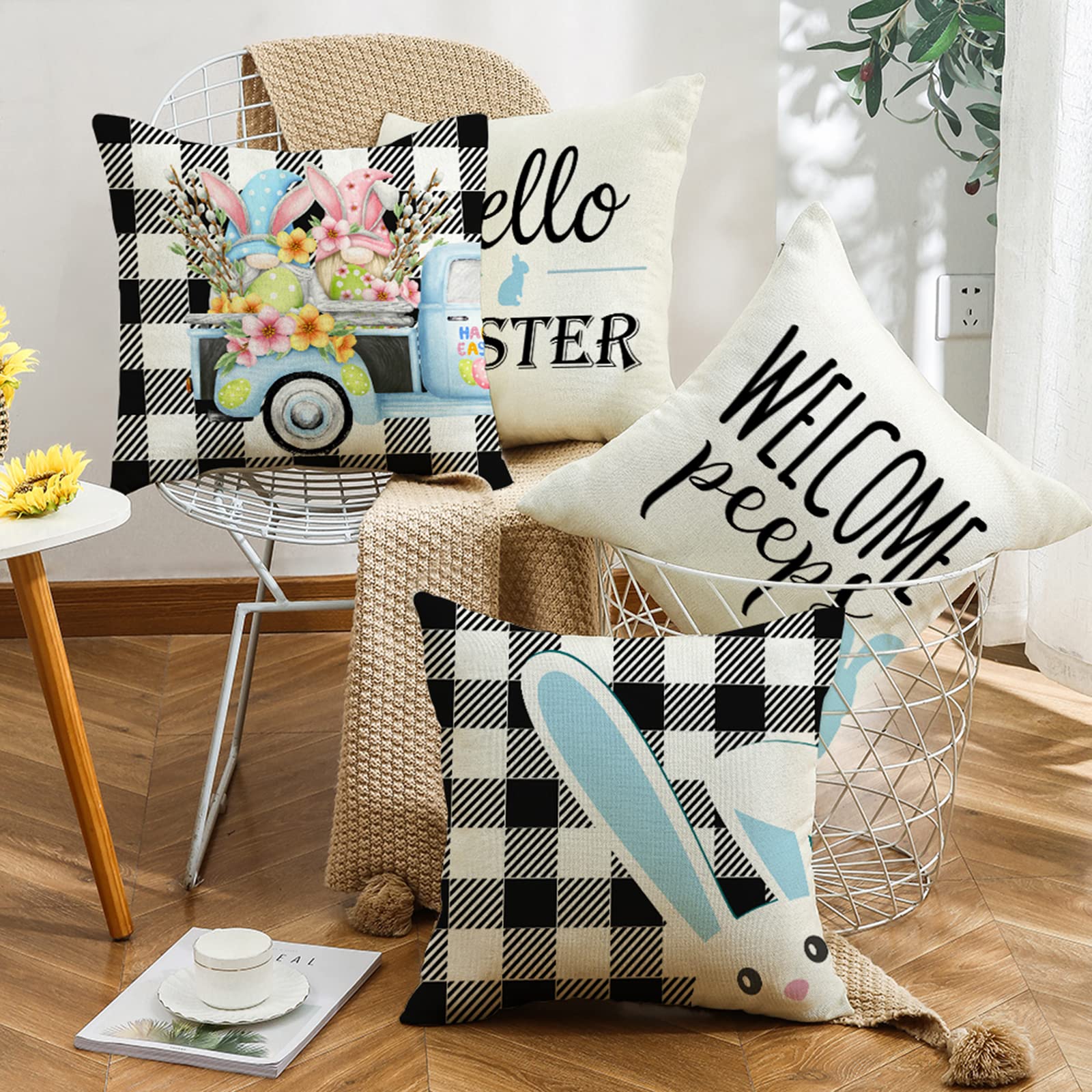 Easter Pillow Covers 18x18 Inch Set of 4 - Spring Farmhouse Decor with Bunny, Egg & Carrot Designs - Cozy Throw Cushion Cases for Sofa, Couch & Home Decor | Perfect for Easter Celebrations & Seasonal Home Styling