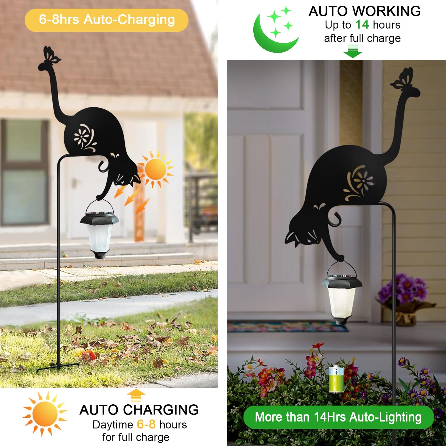 Solar-Powered Black Cat Garden Statues - Outdoor Cat Decor with LED Solar Lantern for Yard, Patio & Pathway Lighting | Perfect for Halloween Decor, Gothic Garden Accents & Nighttime Landscape Illumination