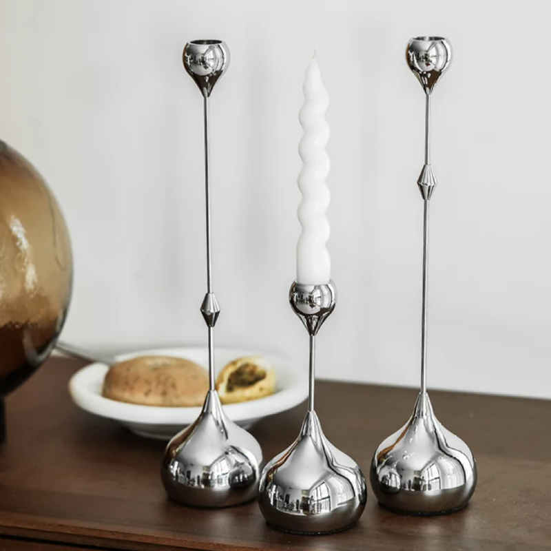 Elegant Chrome Drop Dining Candle Holder Set - Modern Table Centerpiece for Romantic Dinners, Wedding Decor & Home Ambiance Lighting